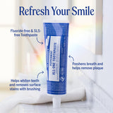 Étiquette du dentifrice All-One Menthe montrant ingrédients biologiques et équitables.