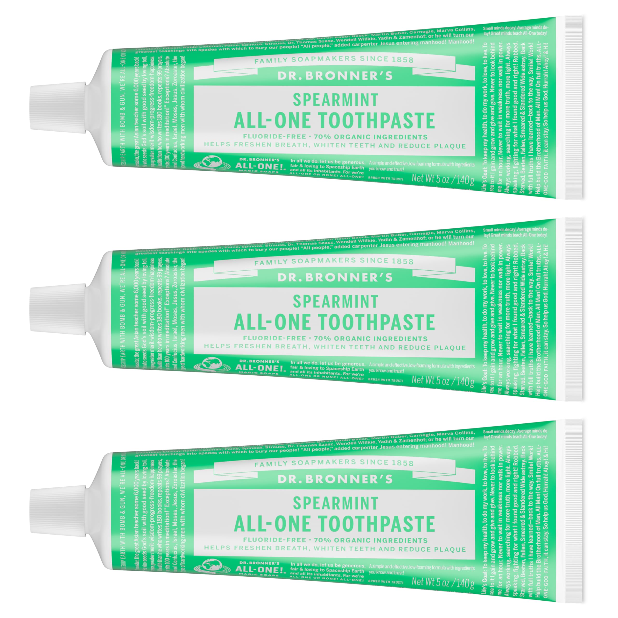 Dr. Bronner’s All-One Dentifrice menthe poivrée – pack3, étiquette écologique pour une usage responsable