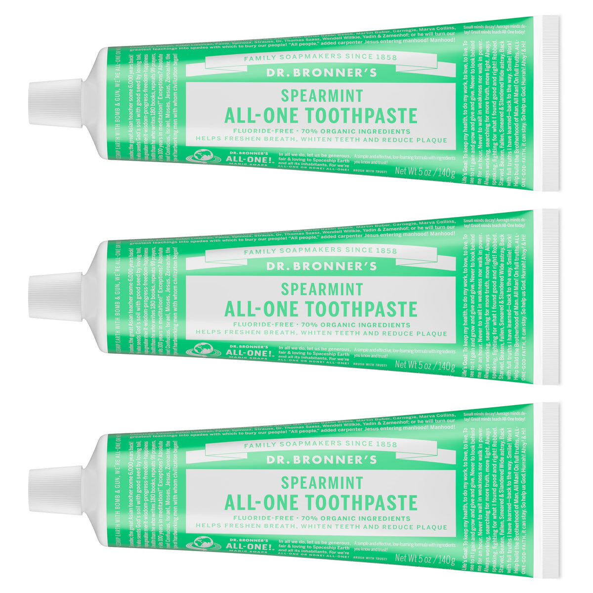 Dr. Bronner’s All-One Dentifrice menthe poivrée – pack3, étiquette écologique pour une usage responsable