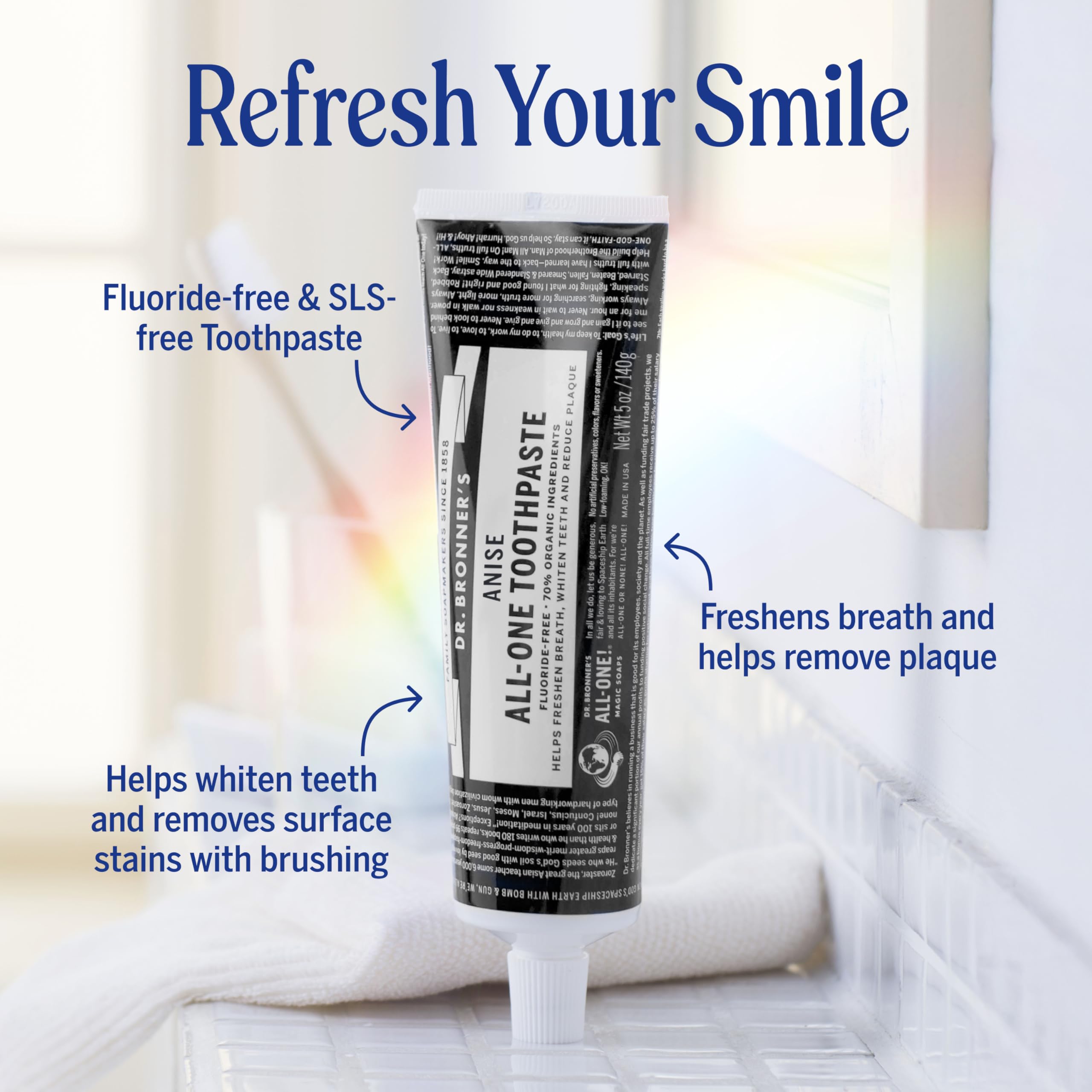 Tube Dr. Bronner's All-One sans fluorure pour routine sans fluor.