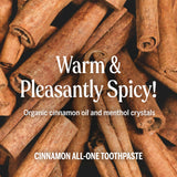 Ingrédients biologiques et équitables affichés sur le dentifrice cannelle Dr. Bronner’s.