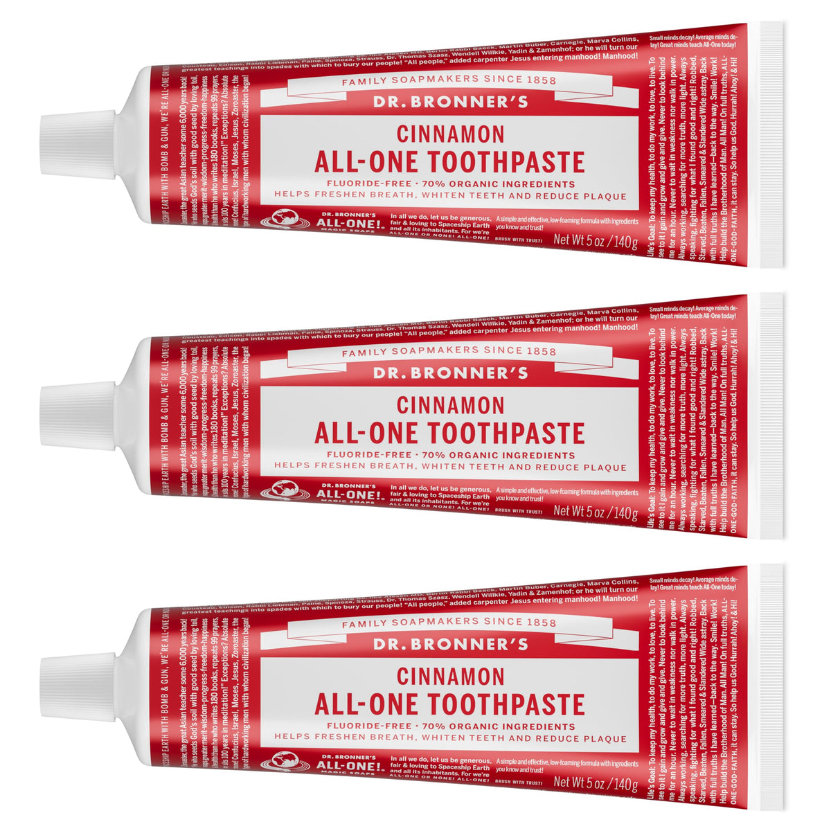 Dentifrice cannelle Dr. Bronner’s en tube de 5 oz pour une fraîcheur durable.