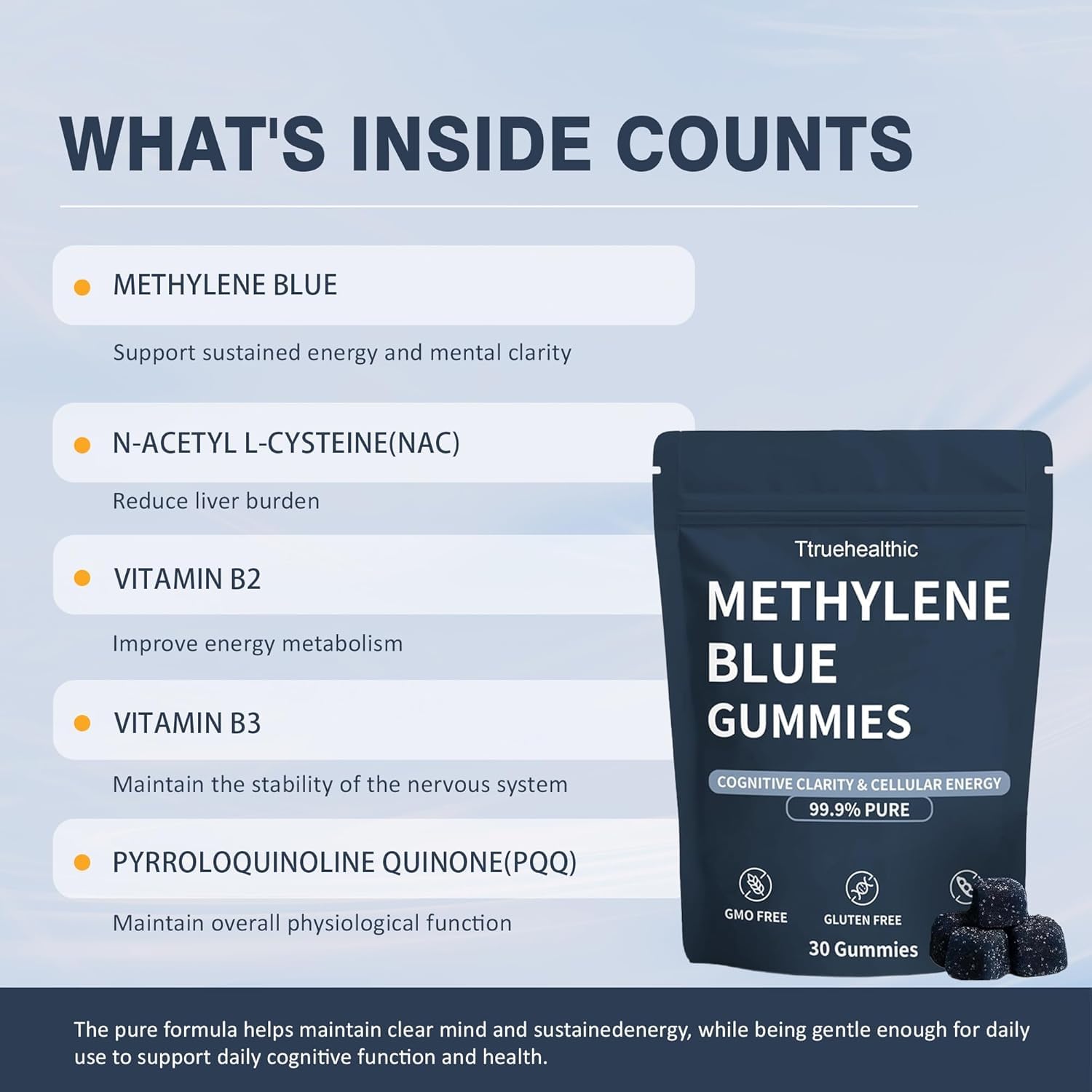 Dr.Cemenrete Truehealthic Gommes bleu de méthylène en gros plan, clarté mentale potentielle.