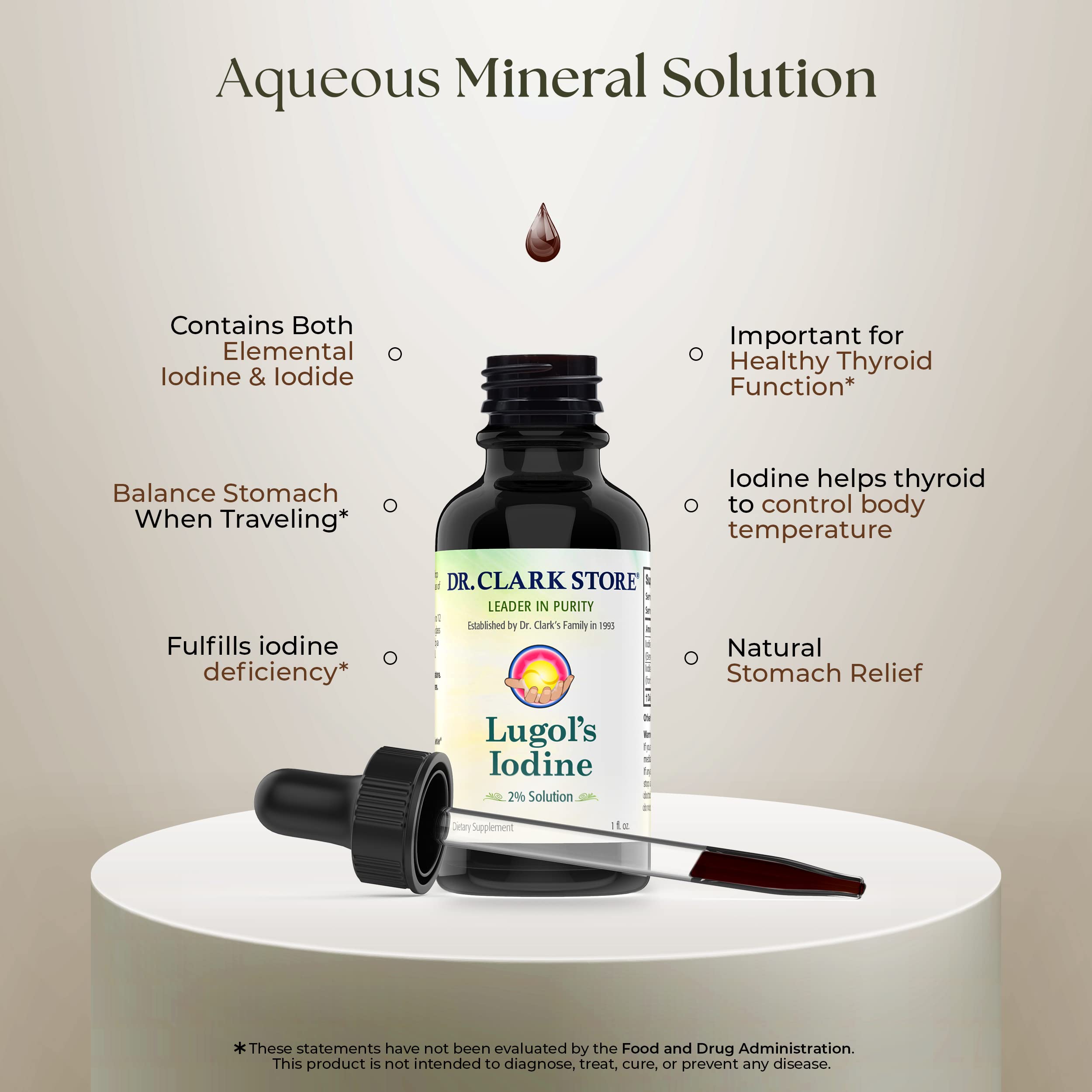 Dr Clark Store Lugol’s Iodine 2% bouteille brunâtre, solution iodée