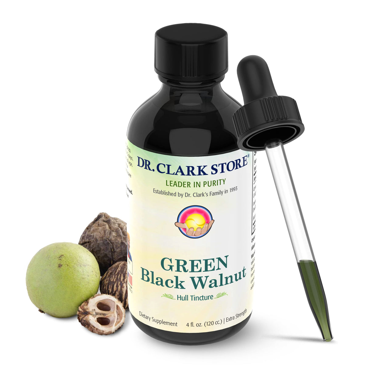 Dr Clark Store teinture d’écorce de noix verte en bouteille 4 oz prête à l’emploi.