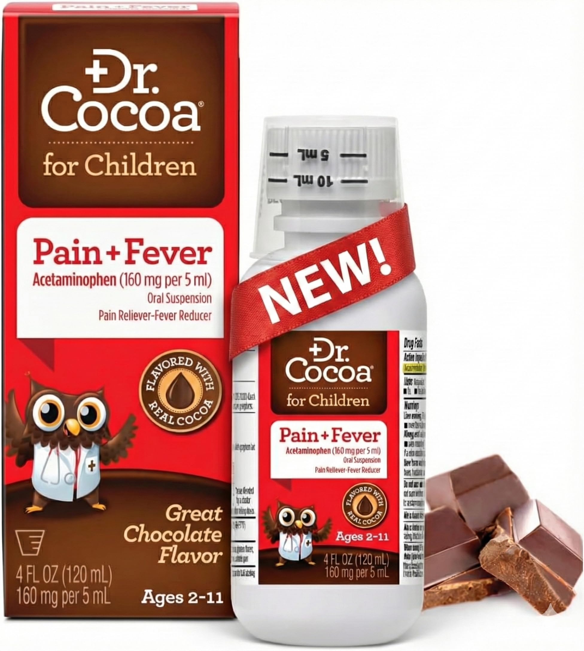 Bouteille Dr. Cocoa 120 ml avec doseur, soulage fièvre et douleurs.