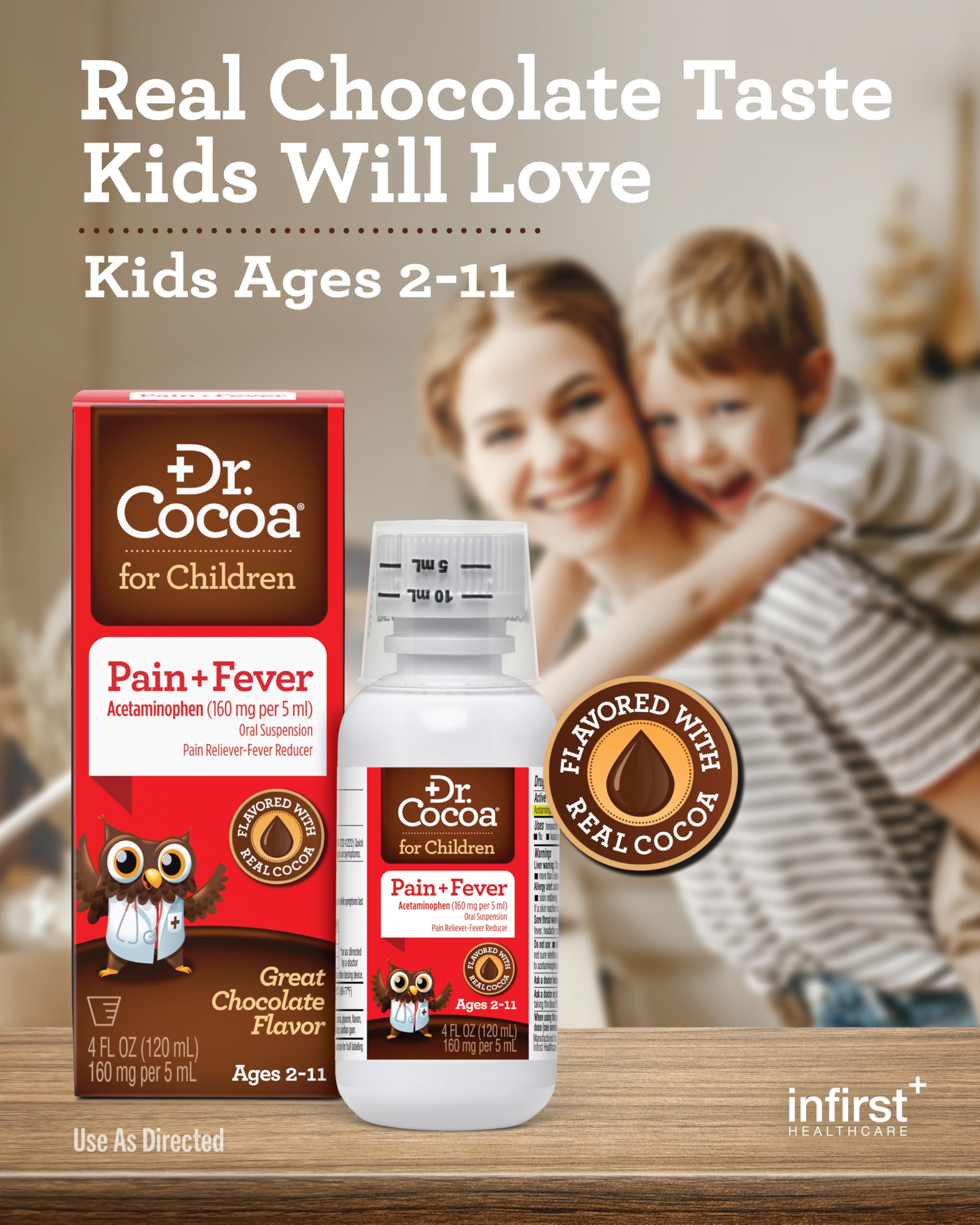 Tableau de dosage Dr. Cocoa, guide clair pour 2–11 ans.
