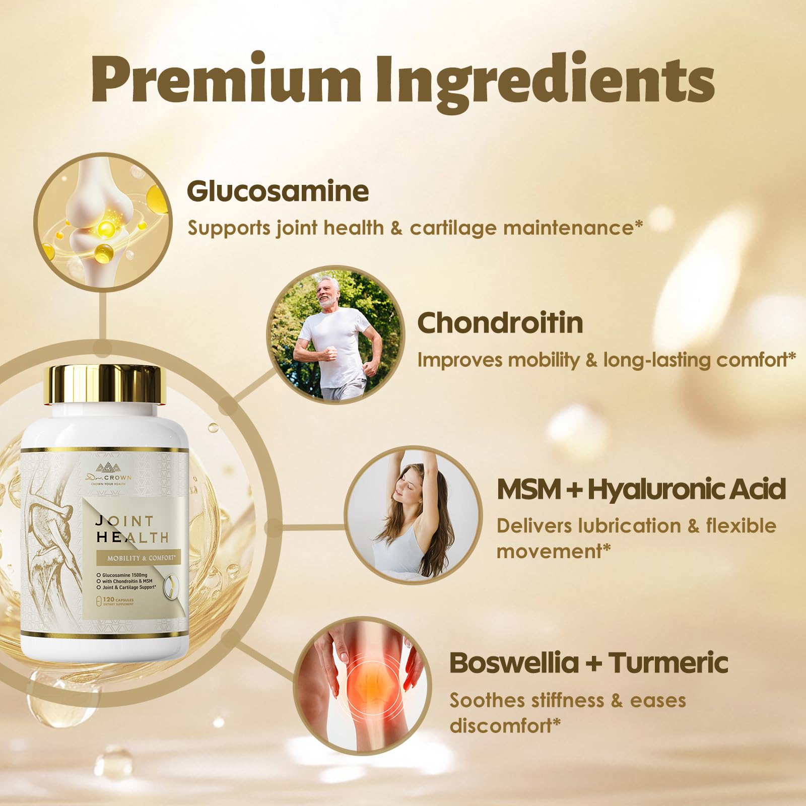 DR. CROWN étiquette ingrédients et sécurité, qualité premium pour articulations.