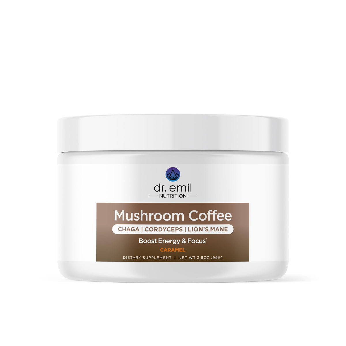 Dr. Emil Café aux champignons — emballage caramel, expérience gourmande sans calories.
