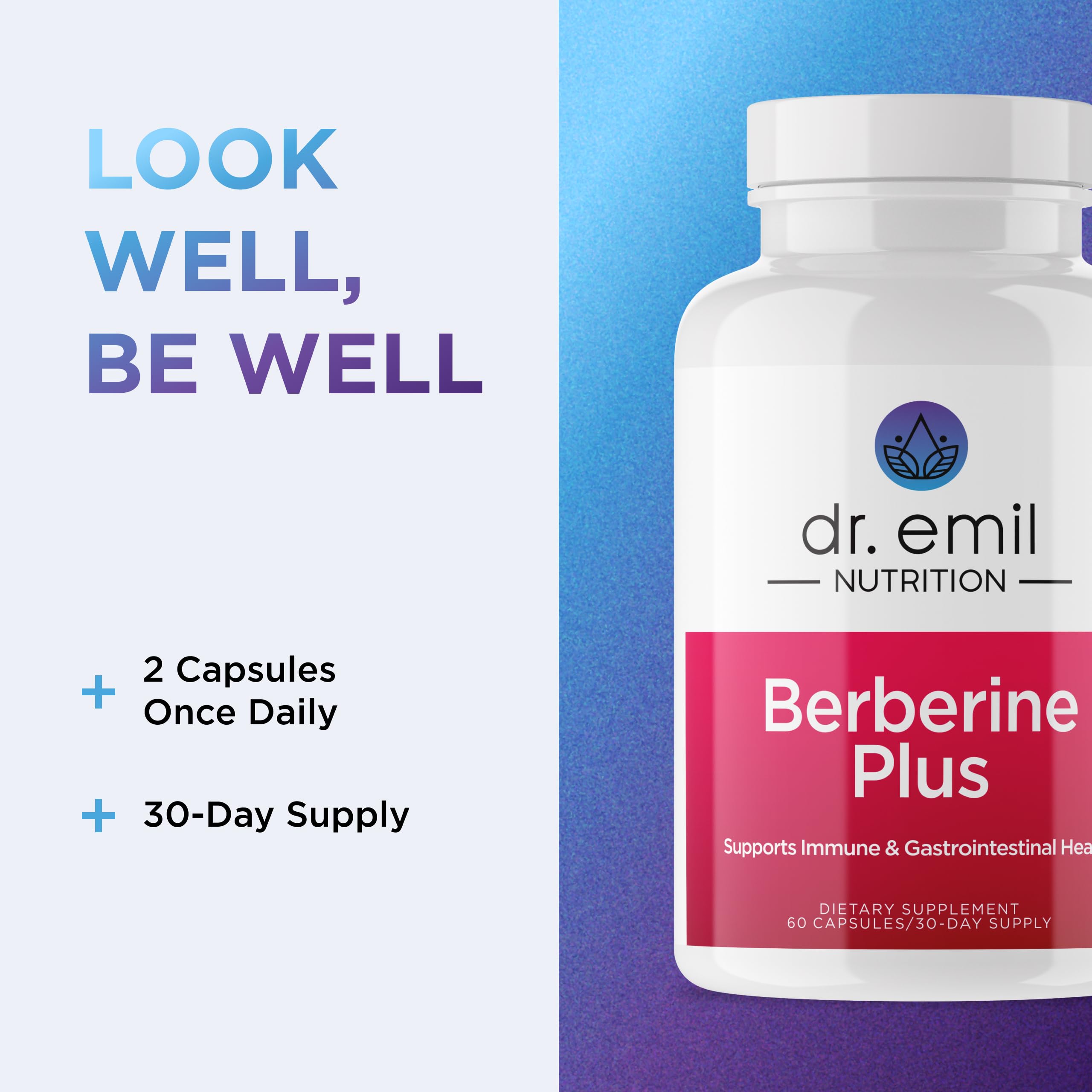Boîte DR. EMIL NUTRITION: emballage produit Berberine fabriqué aux États-Unis.