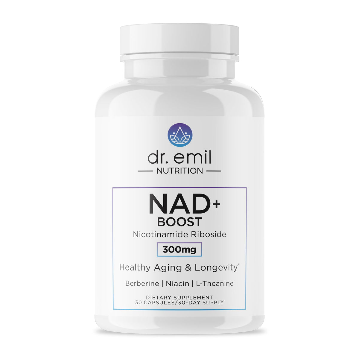 NAD+ Boost DR. EMIL NUTRITION, bouteille ouverte, énergie potentielle pour la journée