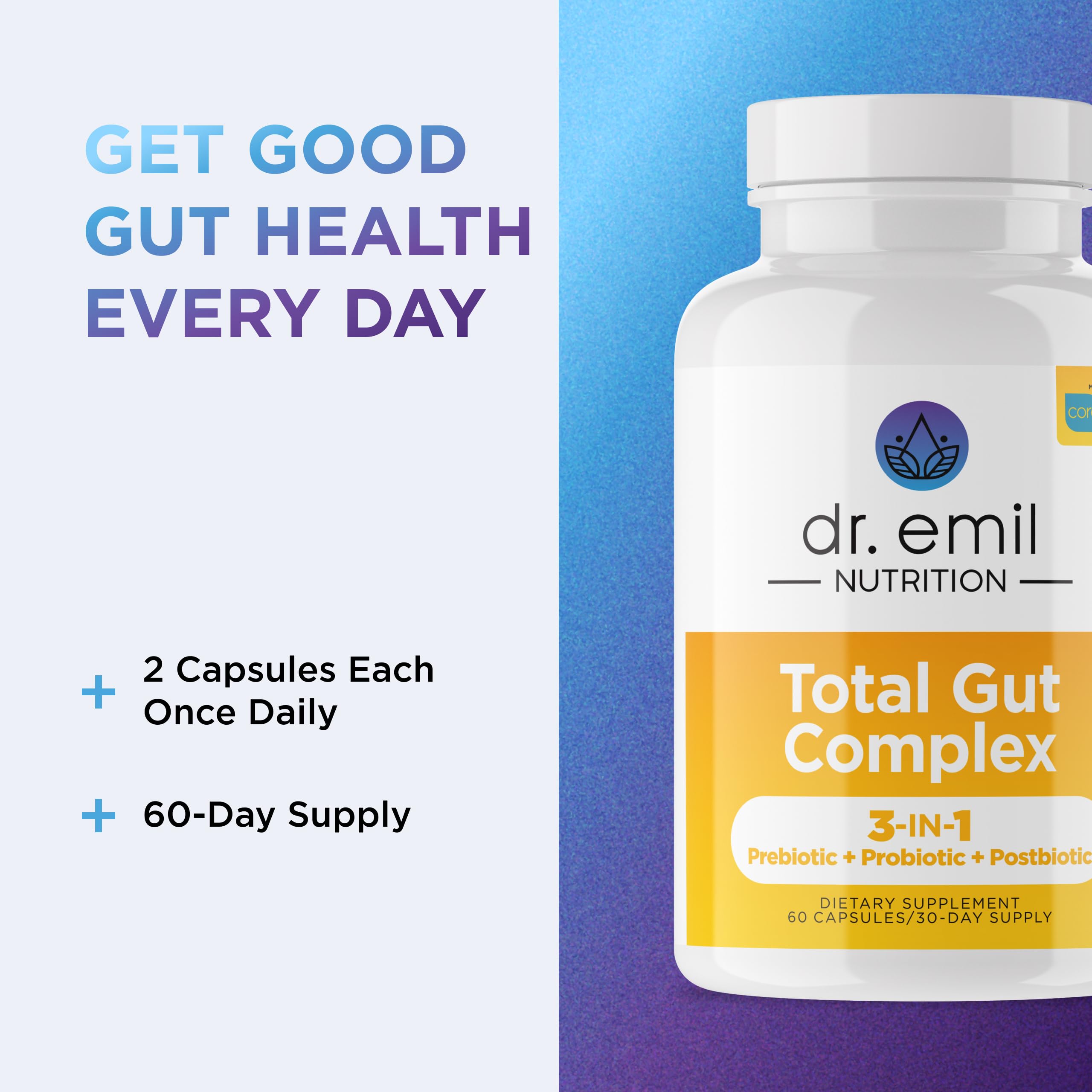 Postbiotique CoreBiome DR. EMIL NUTRITION Total Gut Health Complex, action renforcée.