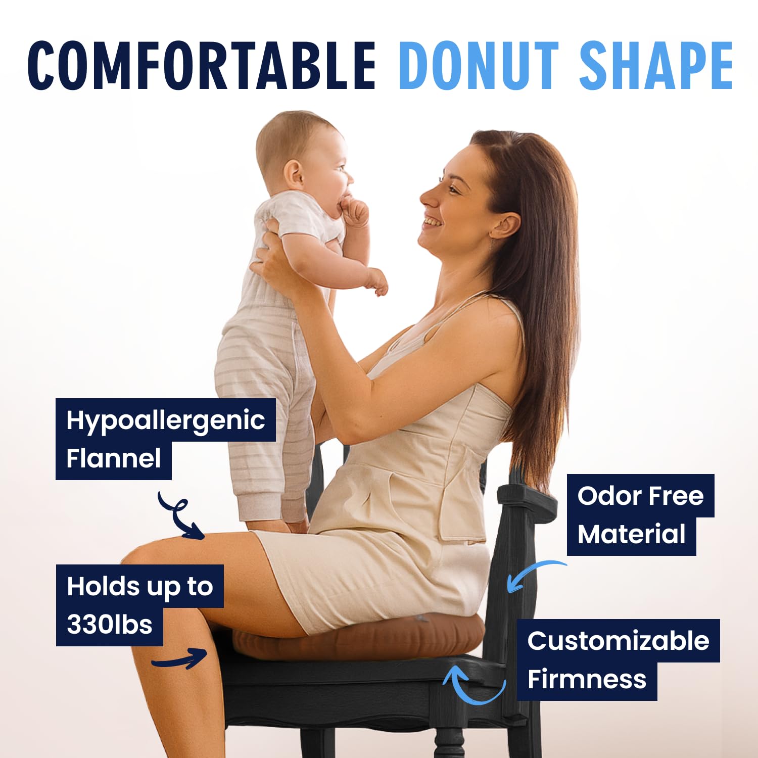 Focus sur la distribution du poids du donut Dr. Frederick's Original pour soulager le coccyx.
