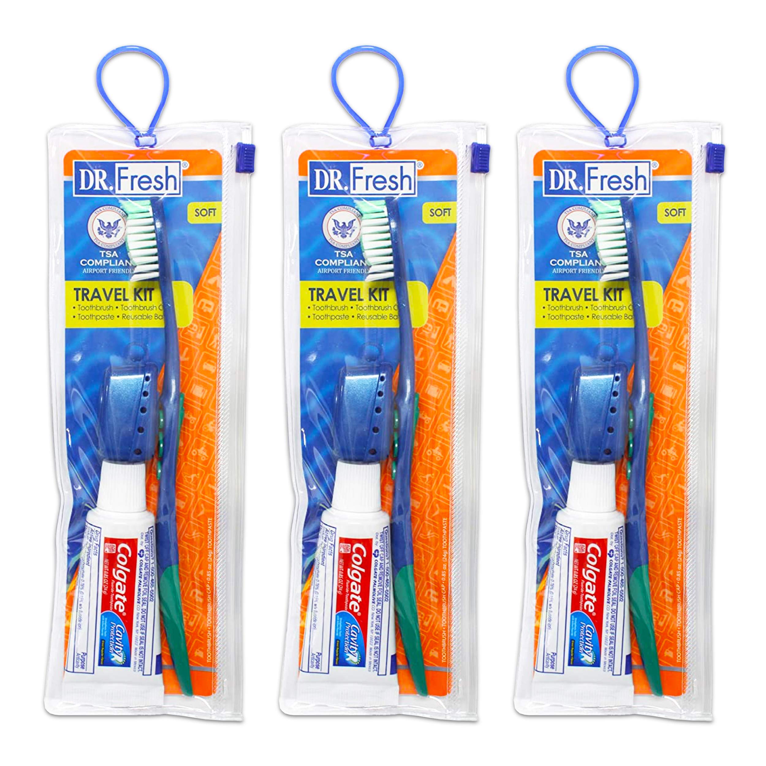 Ensemble voyage Dr. Fresh : brosse à dents, dentifrice menthe et étui de voyage pour un brossage pratique en déplacement.