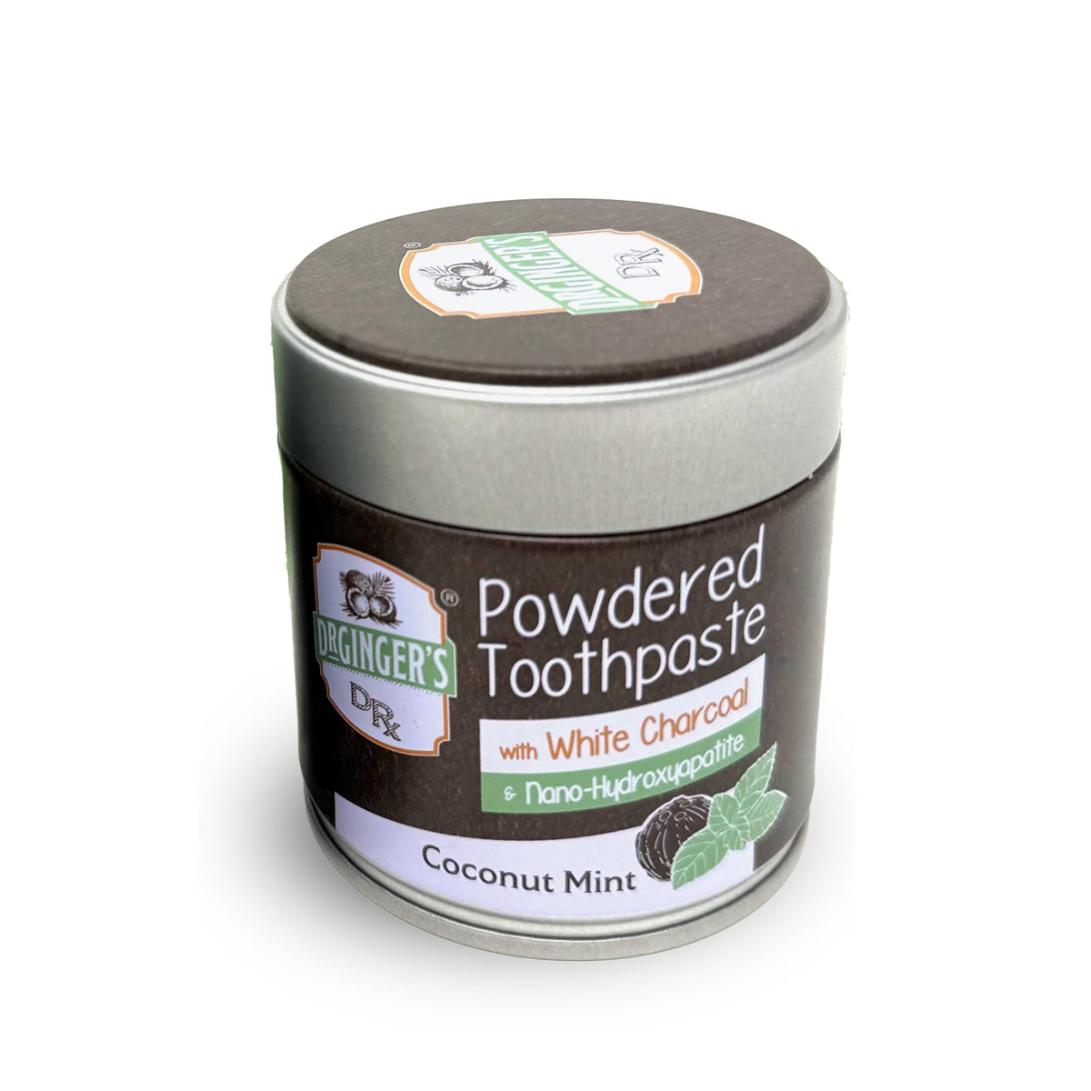 Pot de poudre dentifrice Dr. Ginger's au charbon blanc coco-menthe prêt à l'emploi
