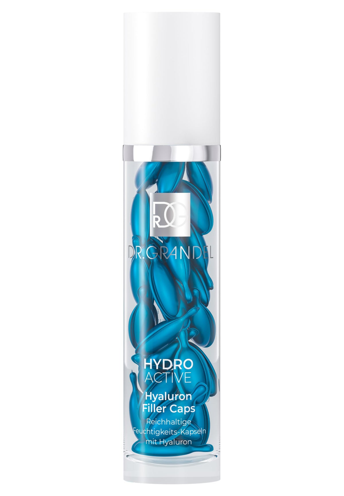 Dr. Grandel HYDRO ACTIVE Hyaluron Filler Caps – bouteille illustrant l'hydratation intense