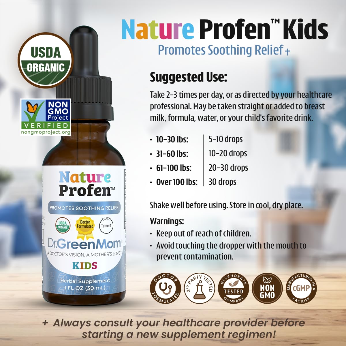Dr. Green Mom Nature Profen – ingrédients bio tels que curcuma et mélisse pour un profil doux.