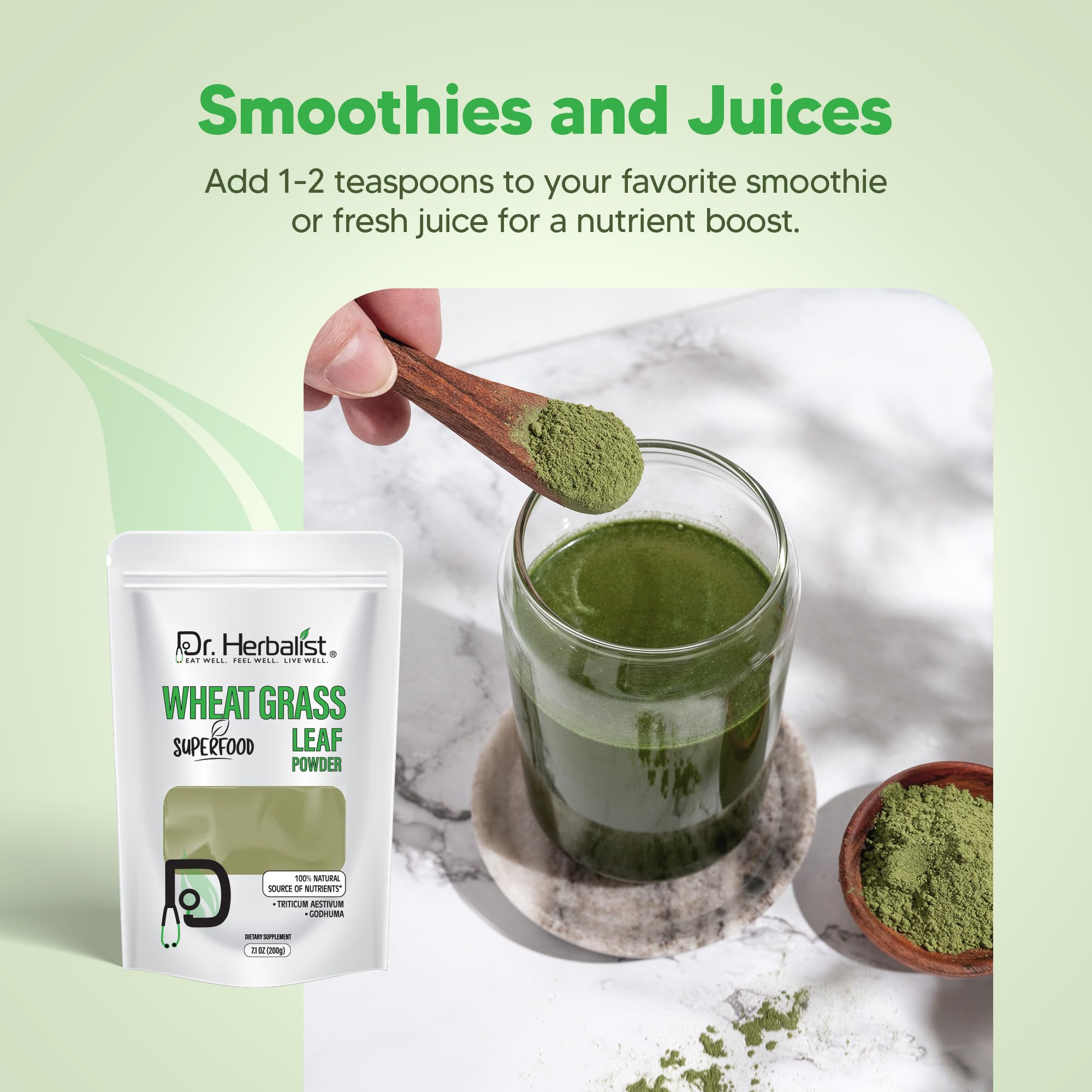 Poudre de blé d'herbe Dr. HERBALIST pour smoothie facile à intégrer.