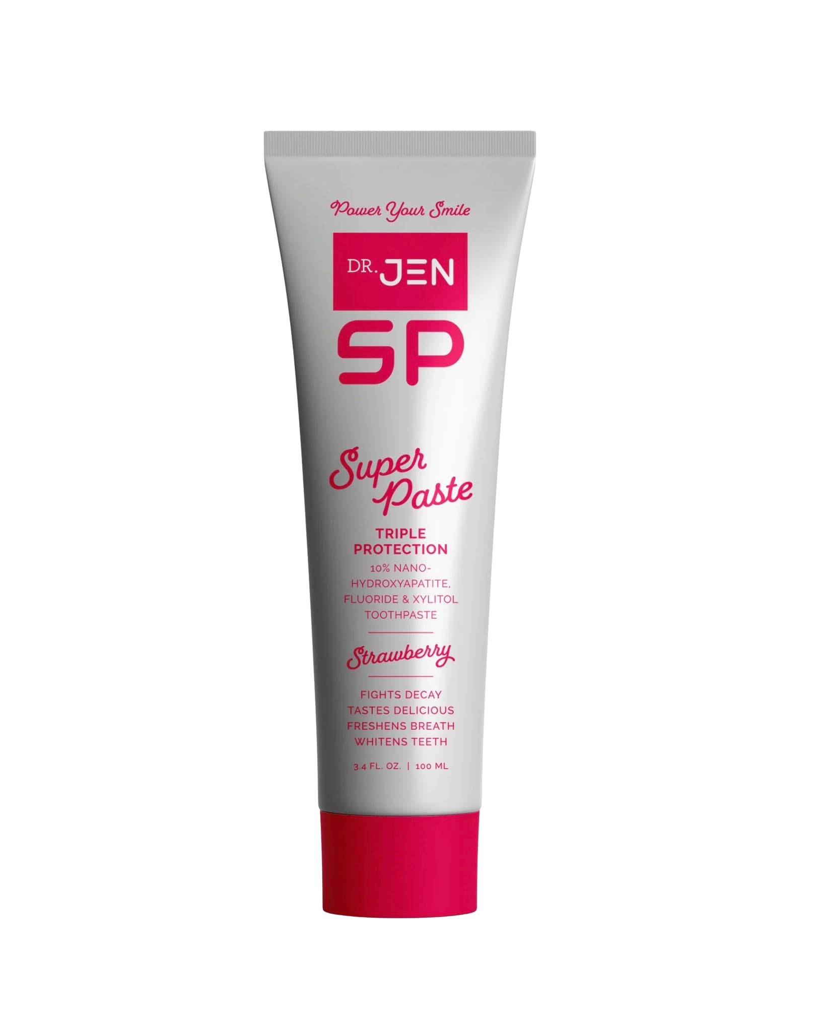 Dr Jen Super Paste : tube dentifrice fraise, contribue au soin des sensibilités et au blanchiment progressif.