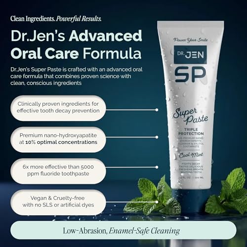 Dr Jen Super Paste étiquette fluorure, protection quotidienne du sourire.