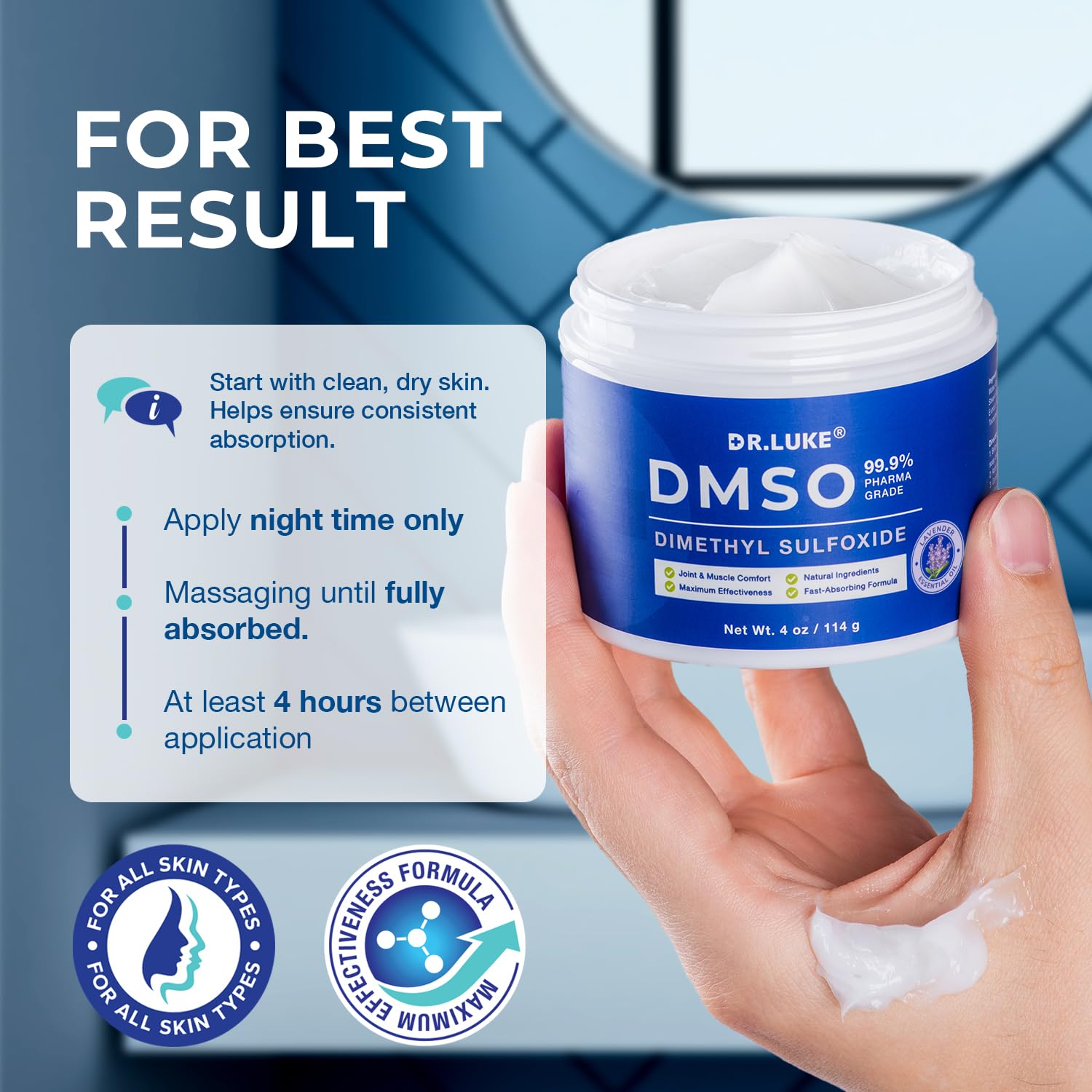Dr. Luke DMSO Lavande, absorption rapide sans résidu gras sur la peau.