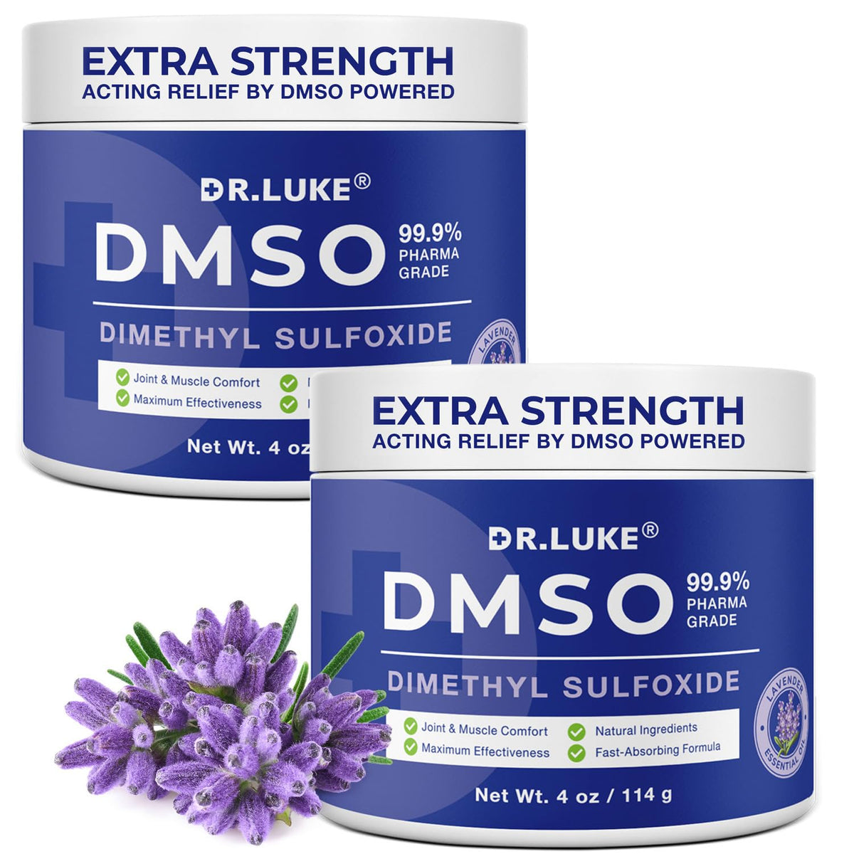Dr. Luke Crème DMSO Lavande, bouteille pompe, application pratique sur le corps.