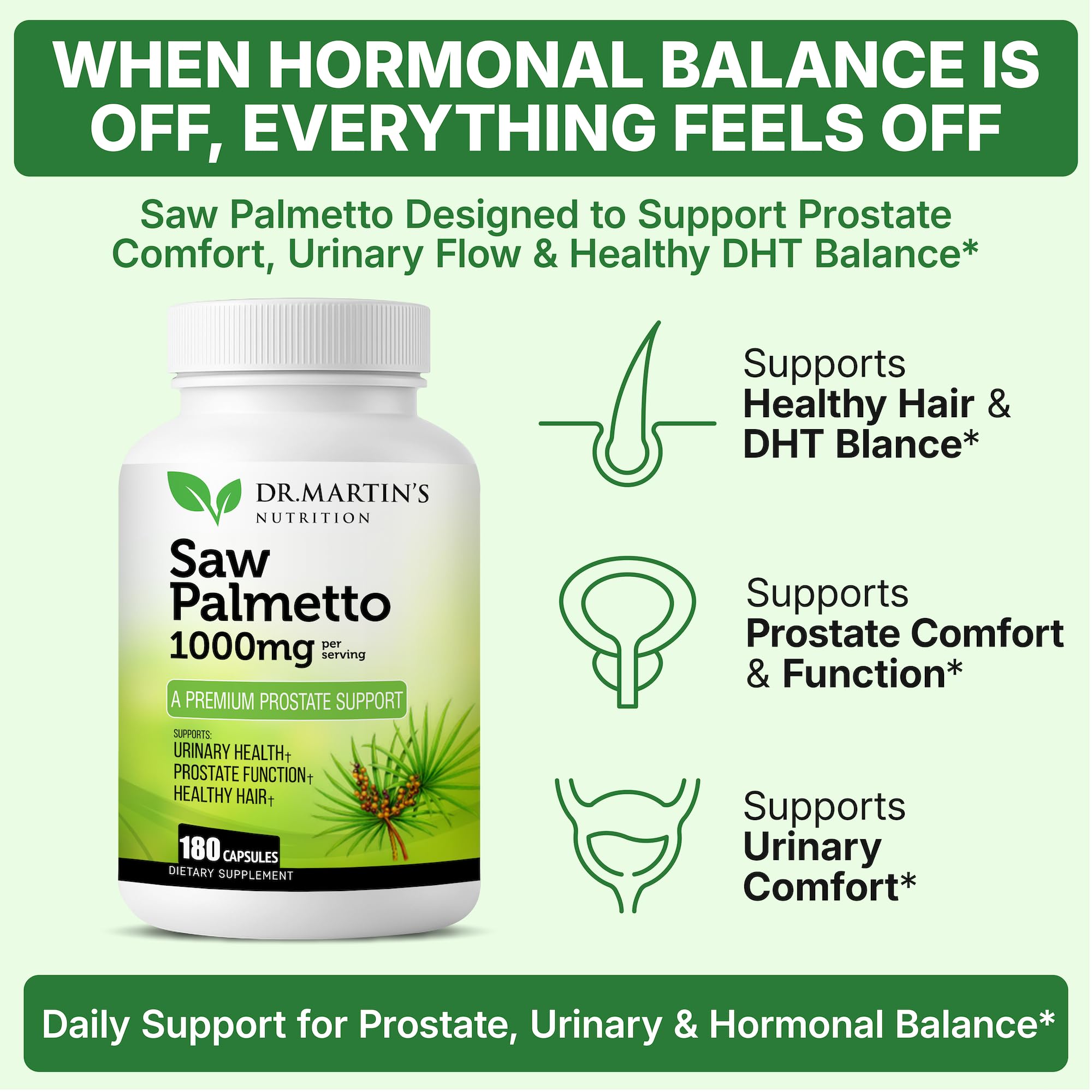 Étiquette DR. MARTIN'S NUTRITION Saw Palmetto - indique l’origine USA et les ingrédients.
