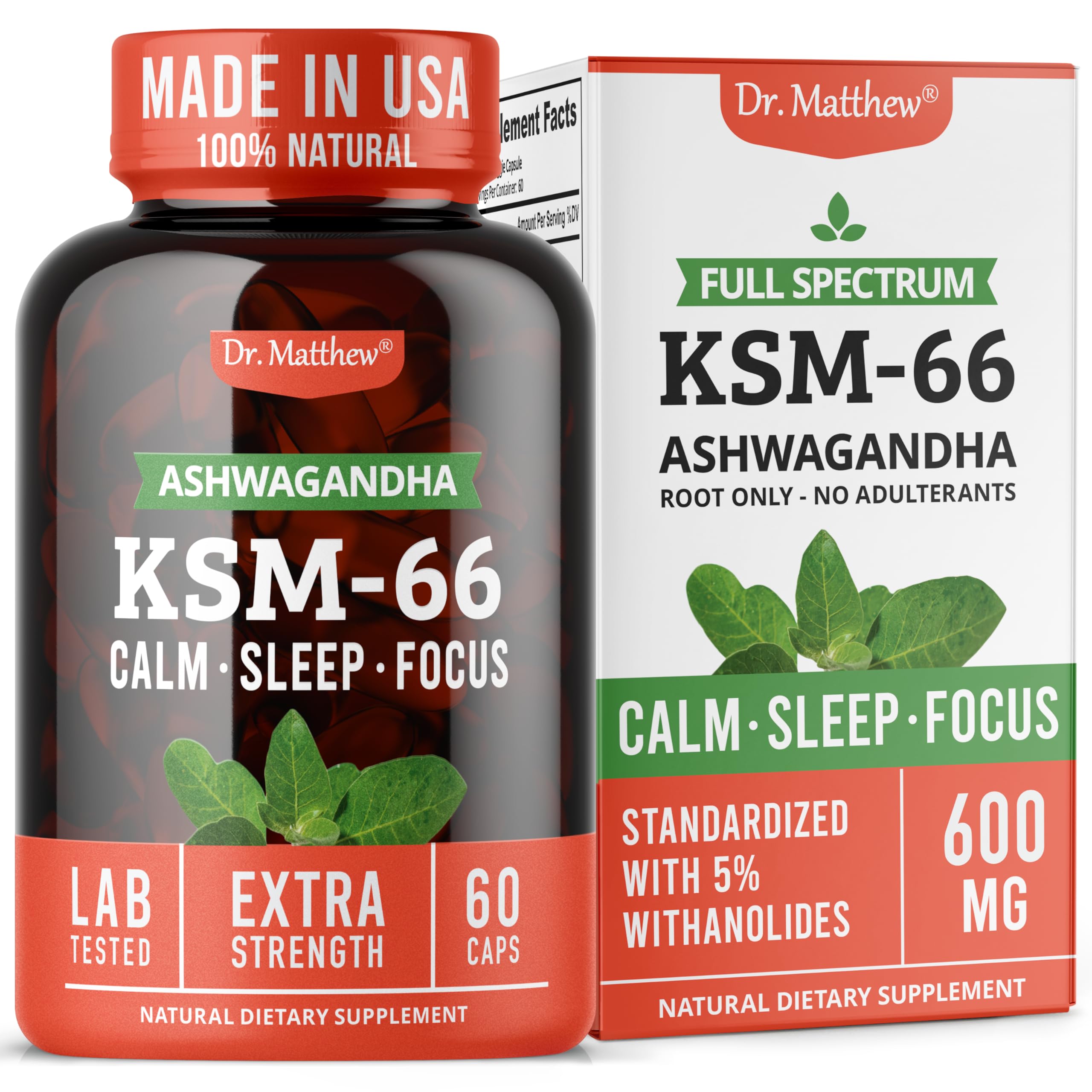 Dr. Matthew Ashwagandha KSM66 en bouteille – soutien calme et concentration.