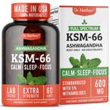 Dr. Matthew Ashwagandha KSM66 en bouteille – soutien calme et concentration.