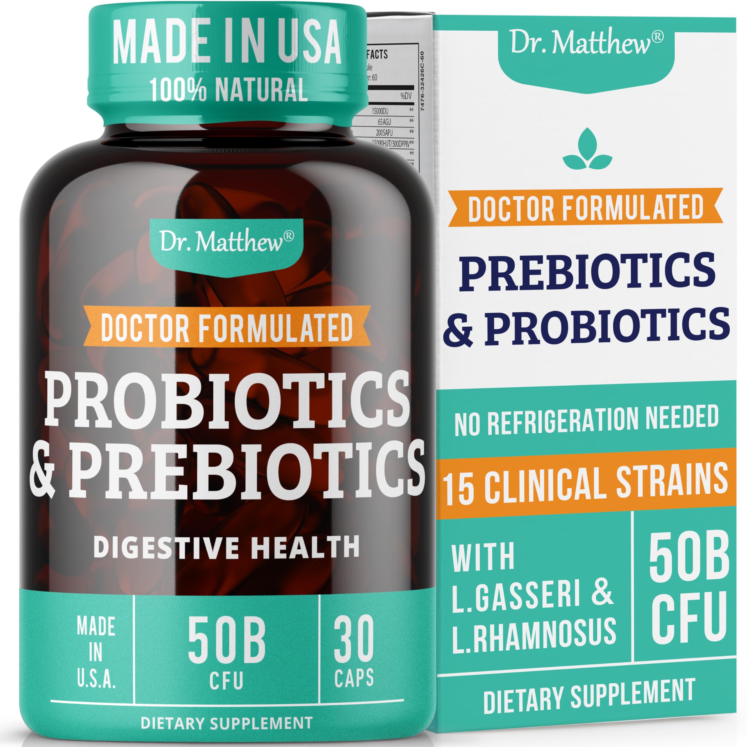 Dr. Matthew – Bouteille prébiotiques et probiotiques 50 milliards pour l'équilibre intestinal.