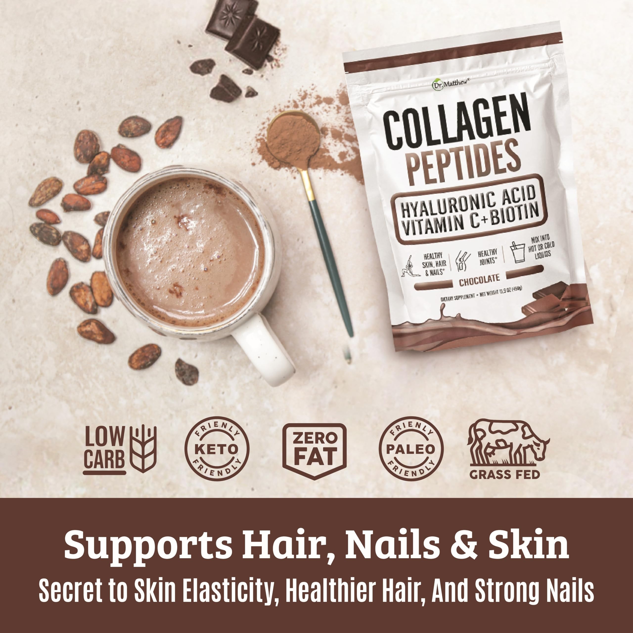 Dr. Matthew chocolat collagène poudre doseur indiquant la cuillère pour dosage facile.