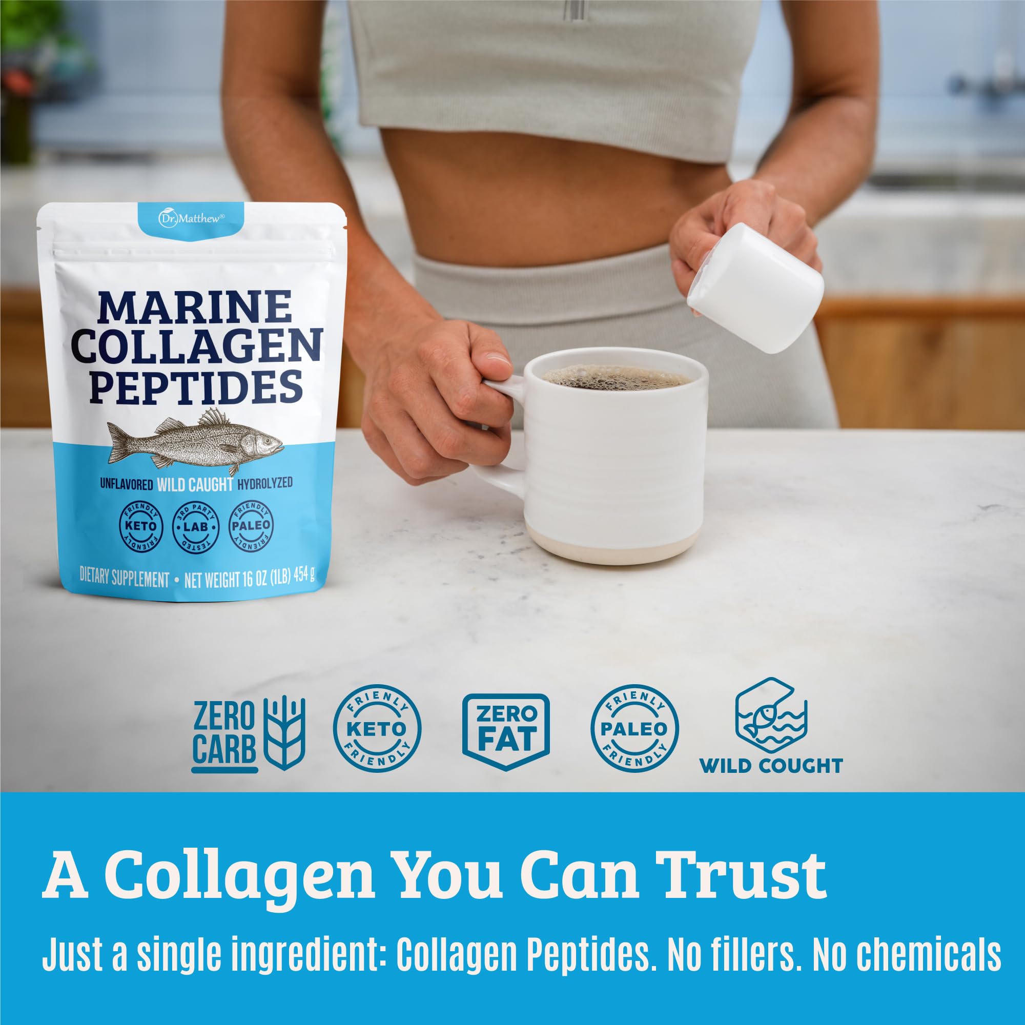 Dr. Matthew Collagene Marin – ingrédients riches en protéines sans lactose ni gluten.
