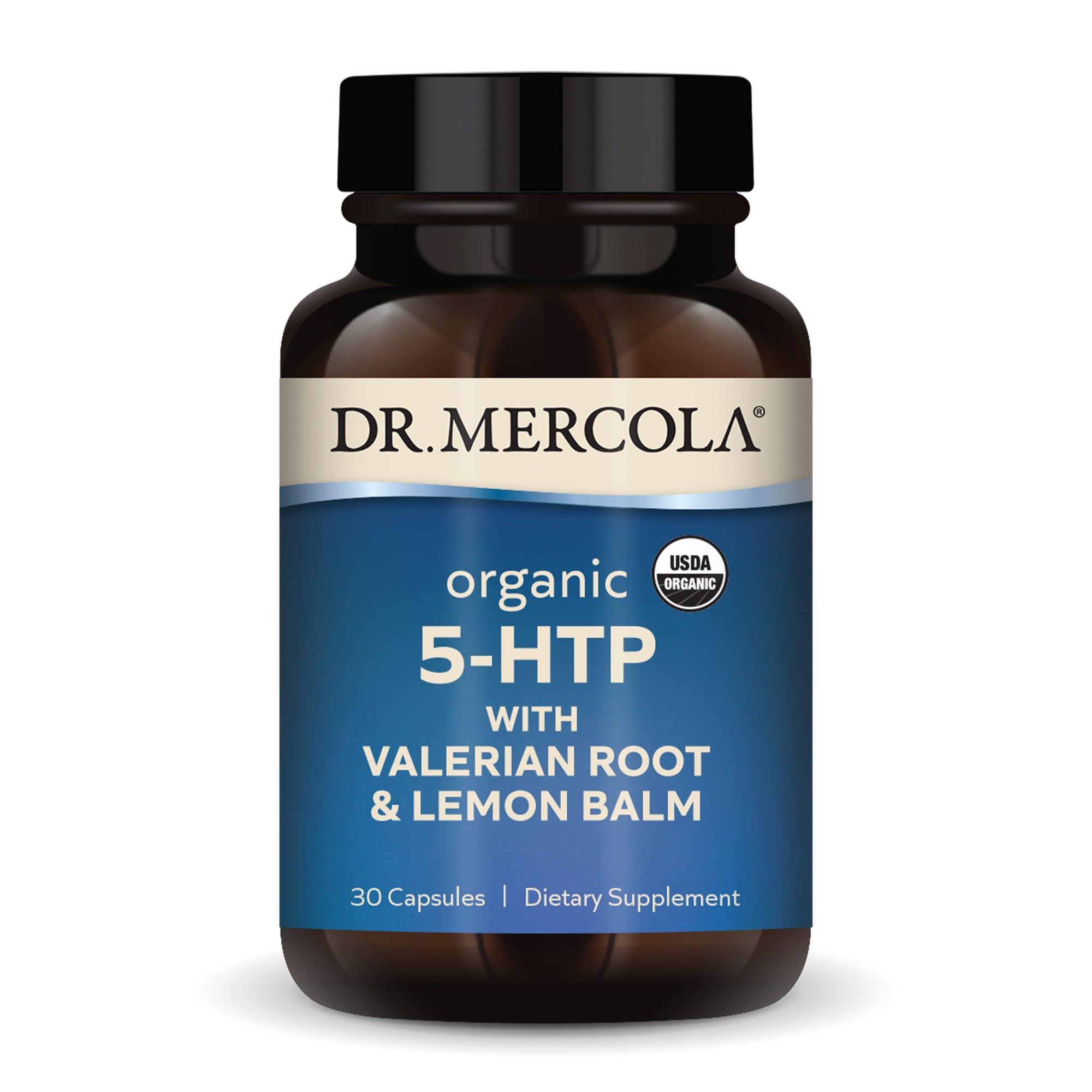 Dr Mercola 5-HTP valériane mélisse – bouteille prête pour une détente nocturne.