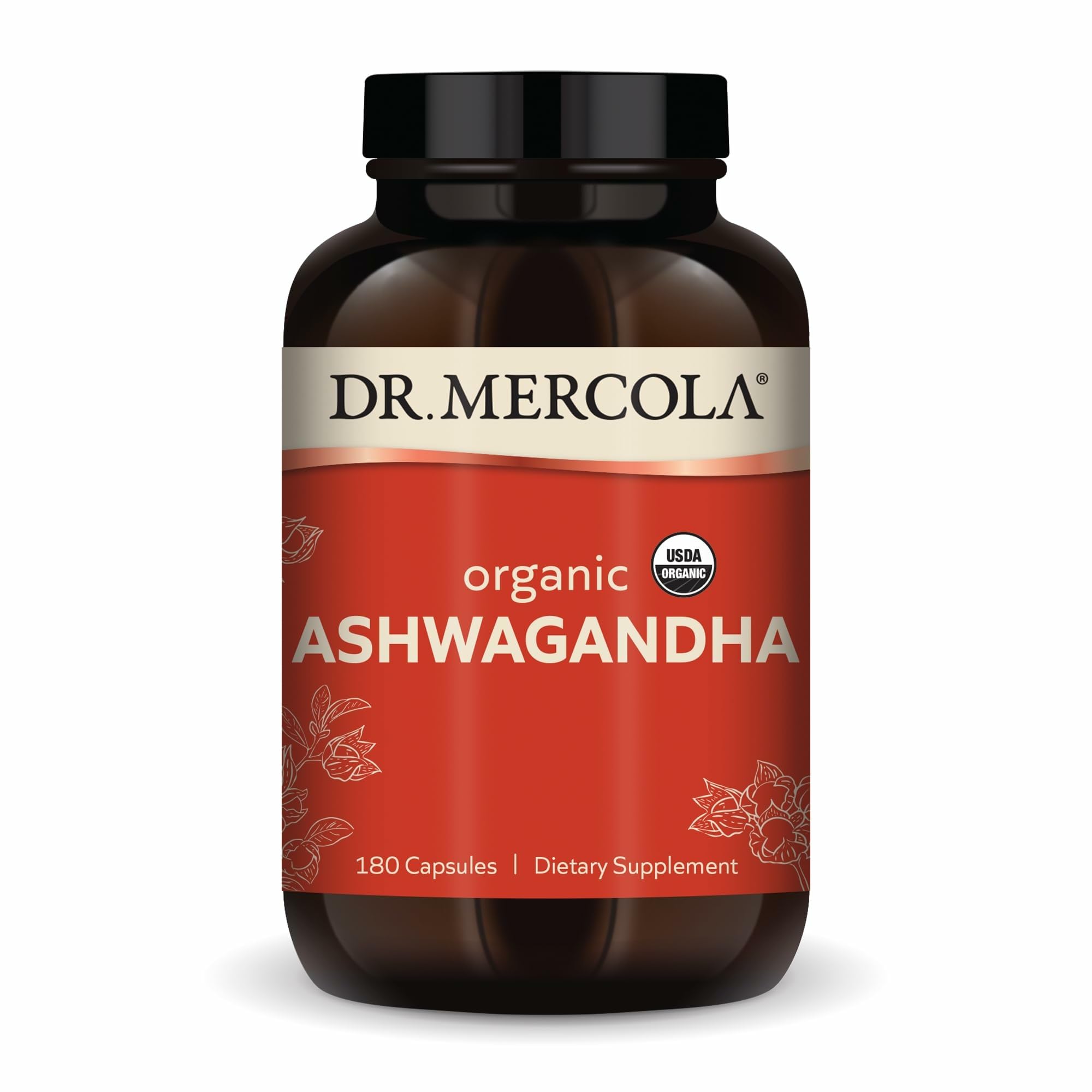 Dr. Mercola Ashwagandha, bouteille 800 mg, énergie et équilibre.