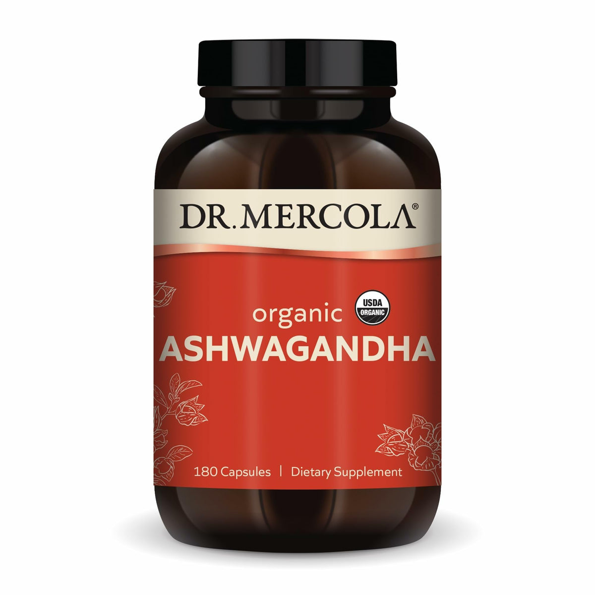 Dr. Mercola Ashwagandha, bouteille 800 mg, énergie et équilibre.