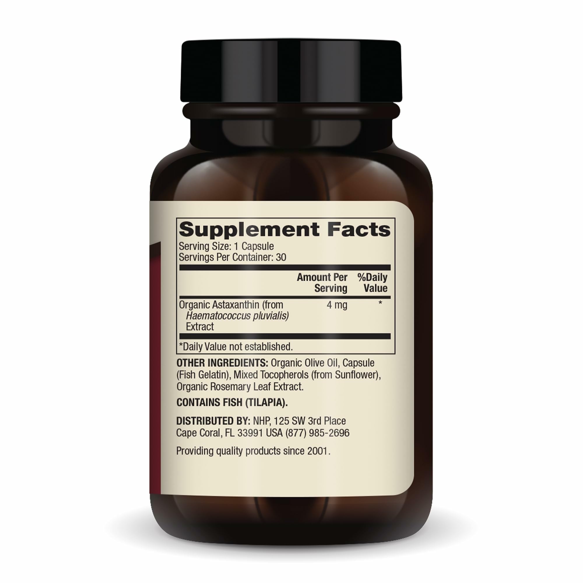 Étiquette du Dr Mercola Astaxanthine montrant ingredients et source naturelle