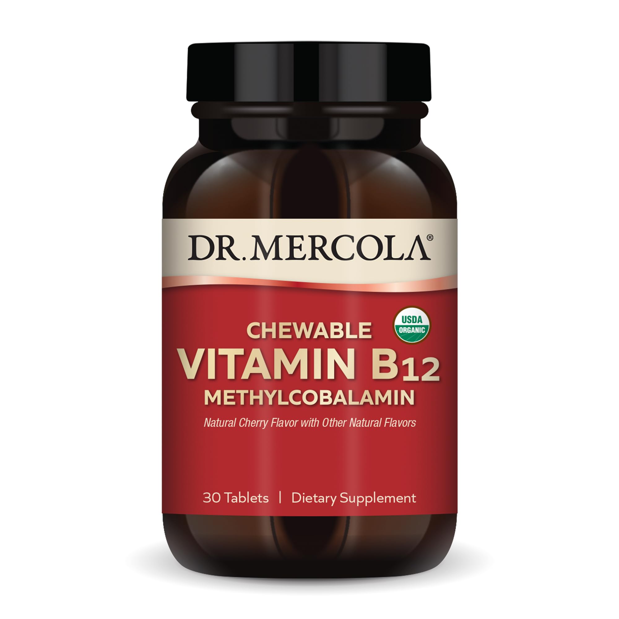 Dr. Mercola B12 comprimé en bouteille cerise, pratique et aromatisé naturellement