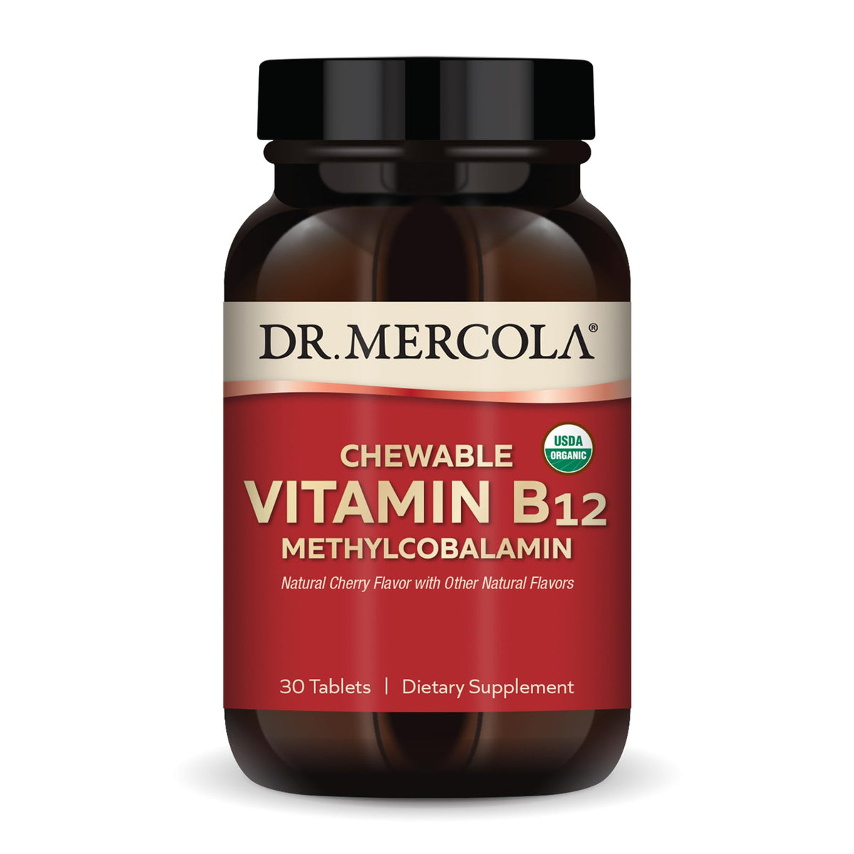 Dr. Mercola B12 comprimé en bouteille cerise, pratique et aromatisé naturellement