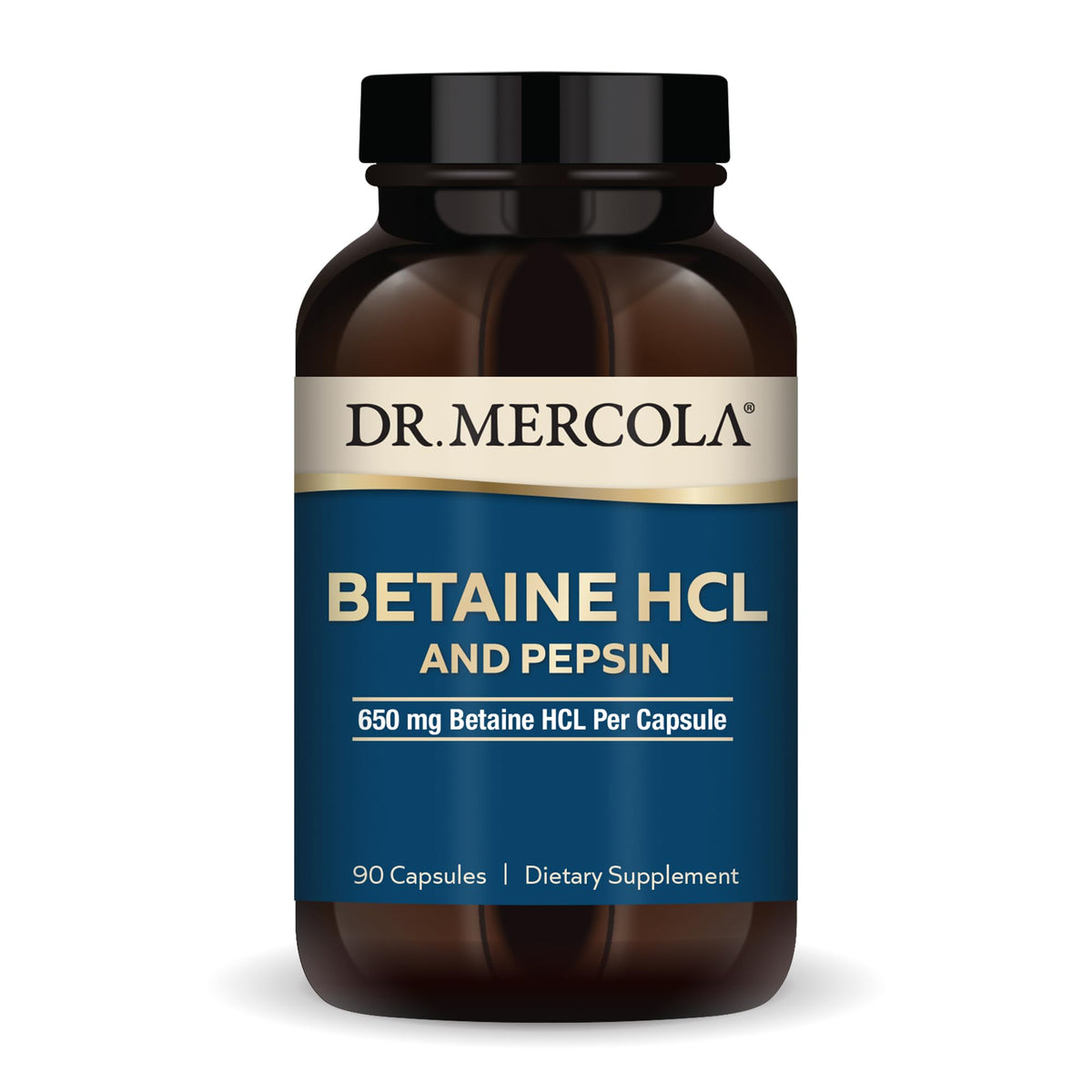 Bouteille Dr. Mercola Betaine HCL & Pepsin facilite la digestion après les repas.