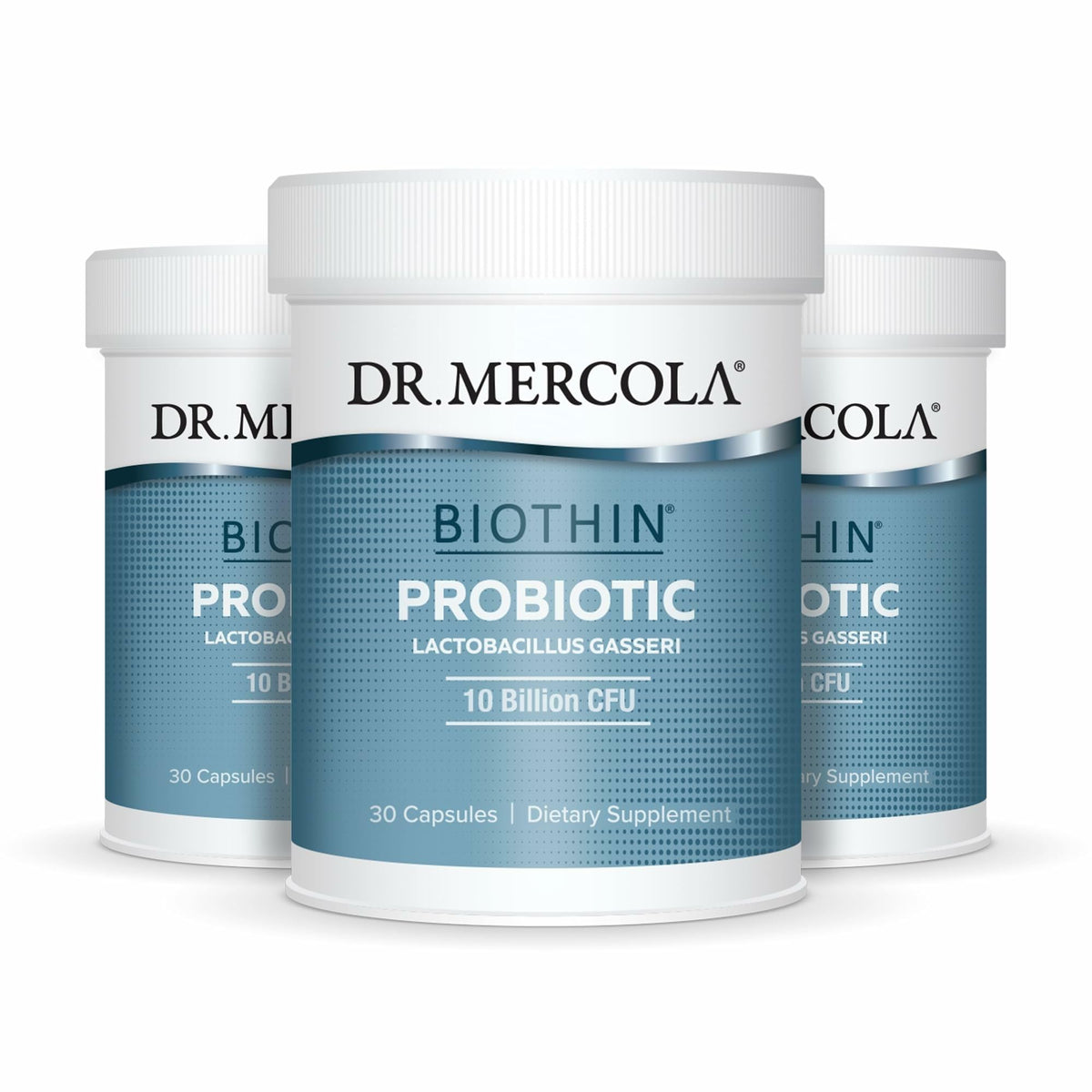 Dr. Mercola Biothin Probiotic - Bouteille montrant le complément pour le confort digestif.