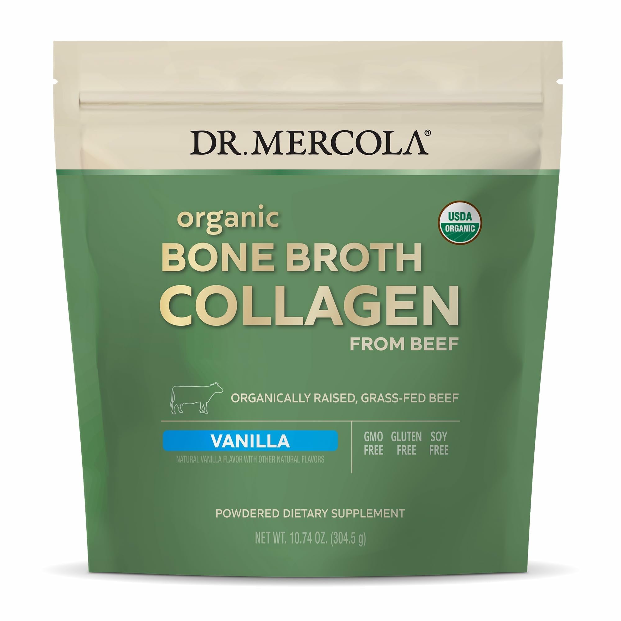 Dr. Mercola Bouillon Collagène Bio Vanille — poudre, texture lisse et pratique.
