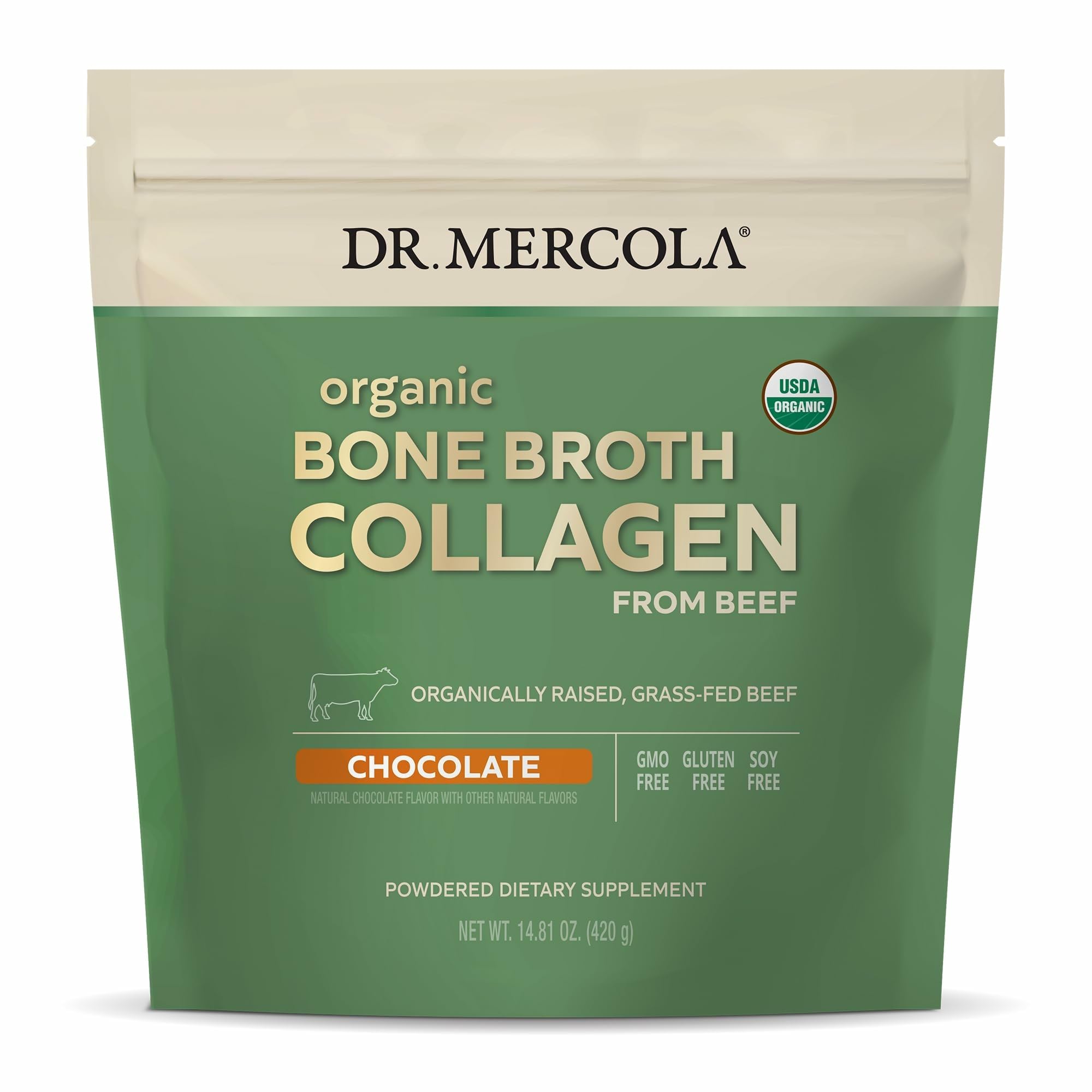 Dr. Mercola bouillon d’os collagene chocolat en poudre – soutien peau et cheveux.
