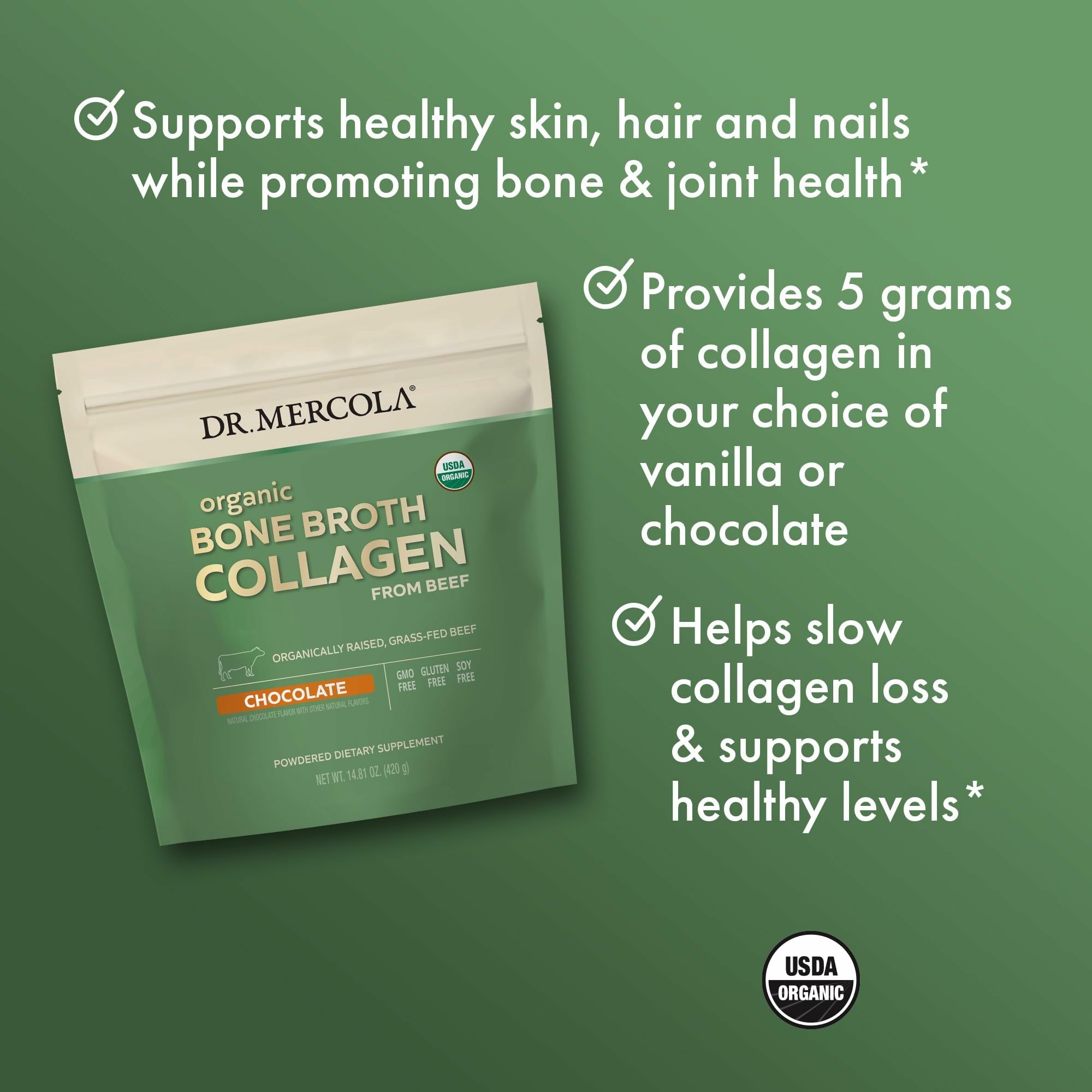 Collagène chocolat Dr. Mercola – ajout rapide dans café ou lait végétal.