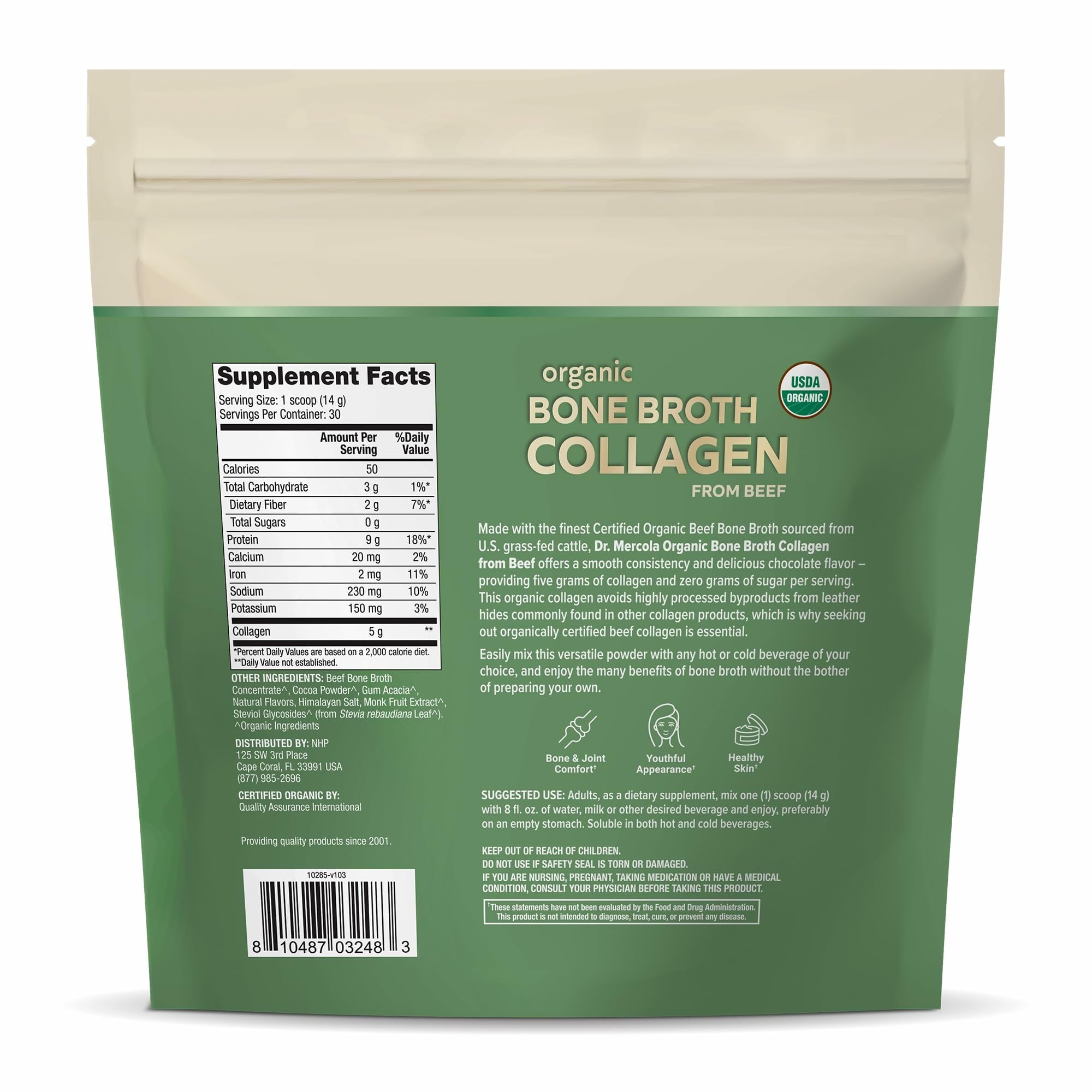 Dr. Mercola bouillon d’os collagene chocolat dans un verre – dissolution rapide.