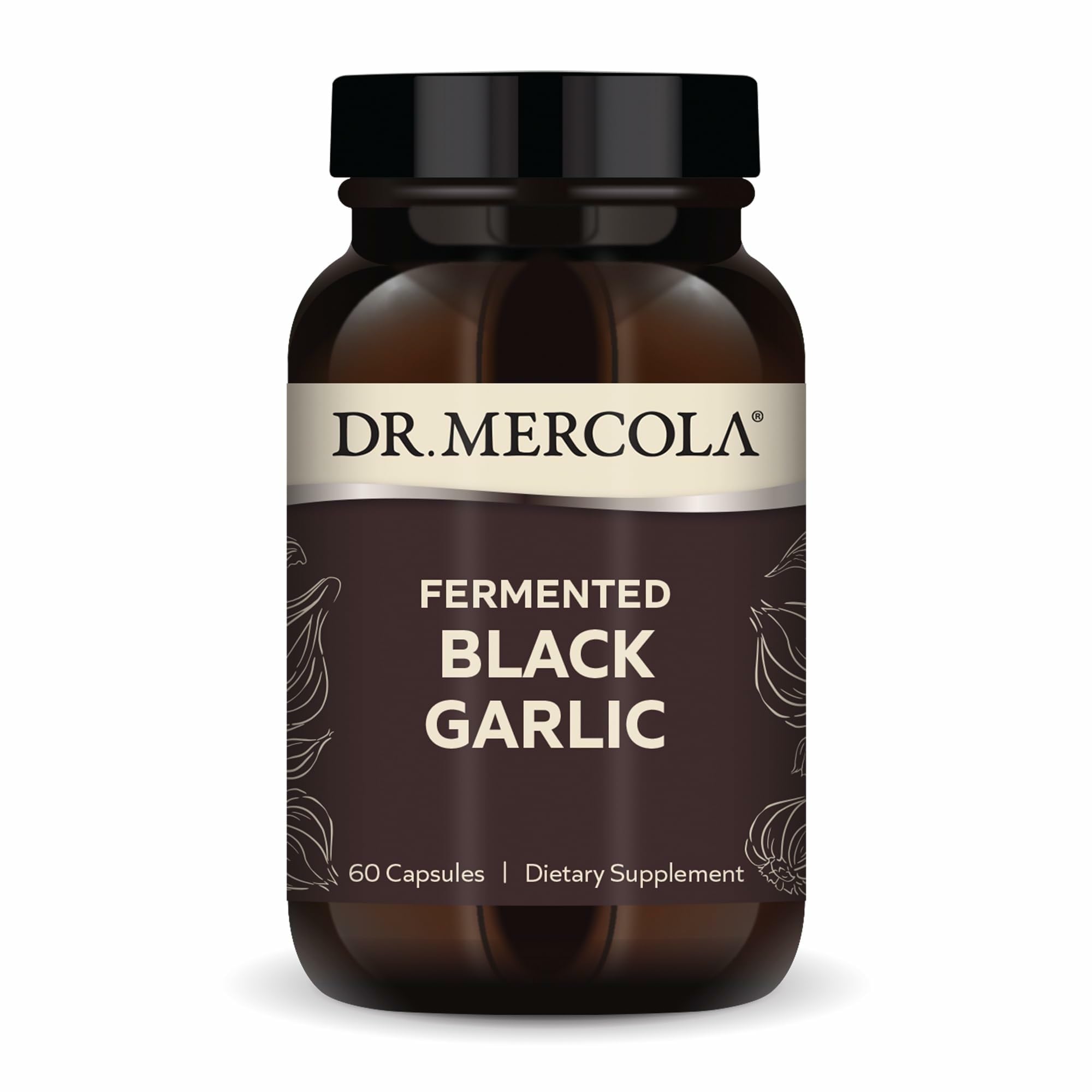Bouteille Dr Mercola Ail Noir Fermenté avec prise pratique et étiquette claire.