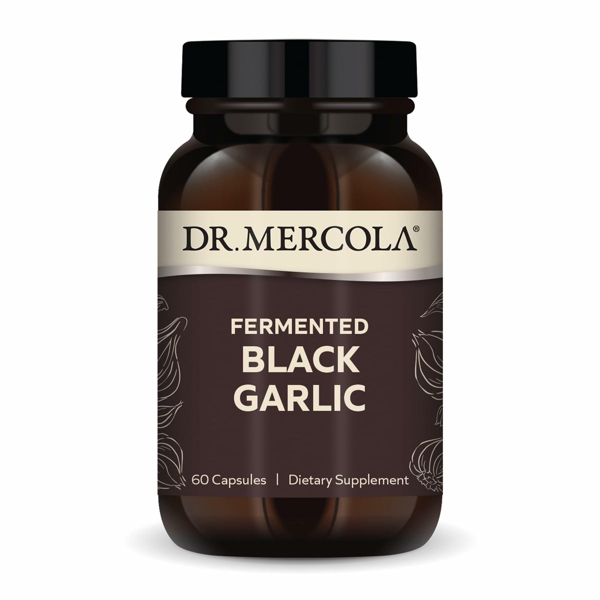 Bouteille Dr Mercola Ail Noir Fermenté avec prise pratique et étiquette claire.