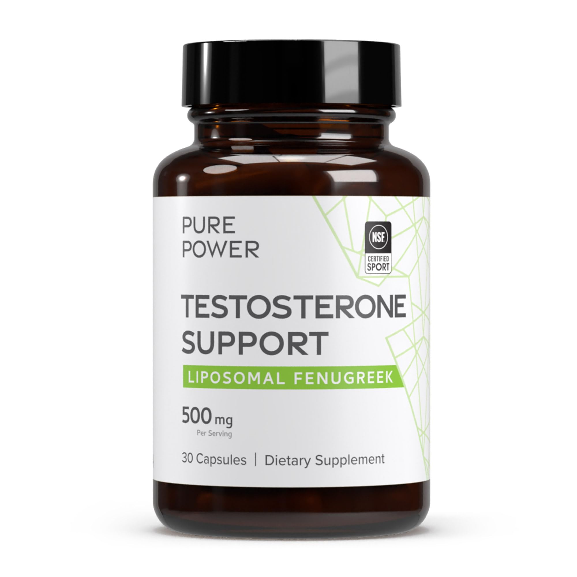 Dr. Mercola Pure Power Liposomal Fenugrec, bottle visible, soutien potentiel énergie et équilibre hormonal.