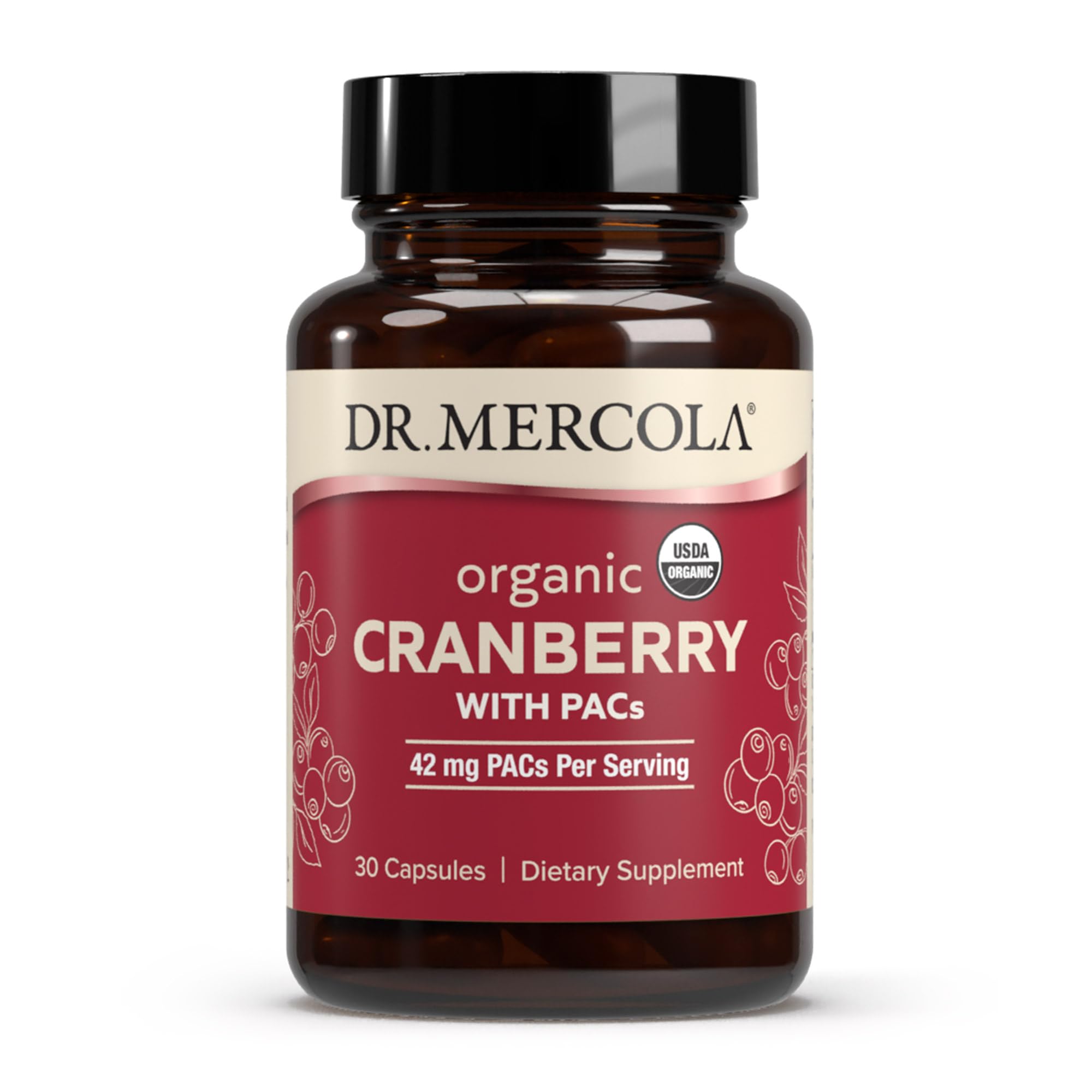 Dr Mercola canneberge PACs bouteille montrant le produit et l'étiquette