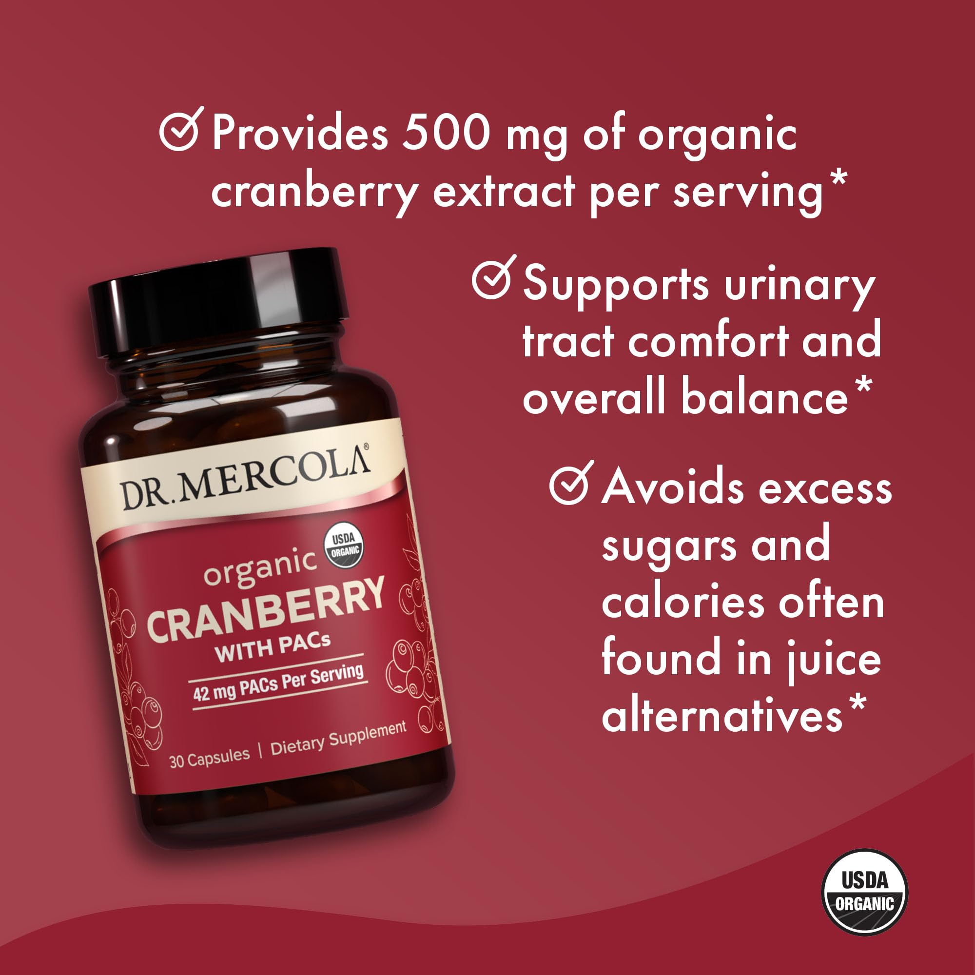 Label USDA Organic sur l'emballage Dr Mercola Canneberge PACs