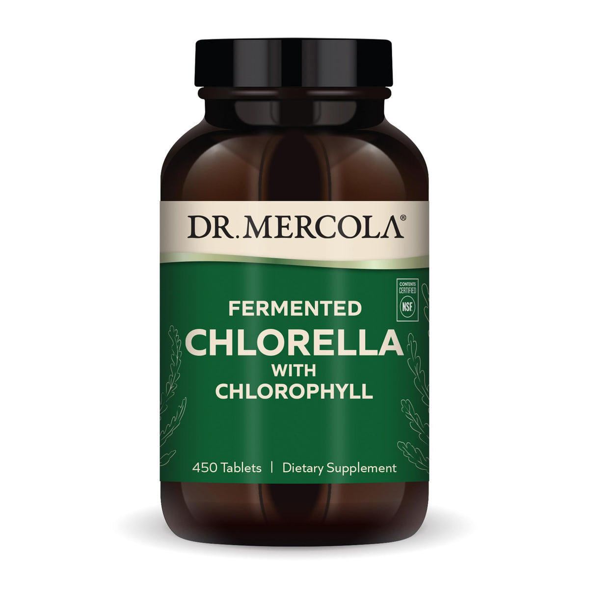 Dr. Mercola Chlorelle fermentée avec chlorophylle — flacon et comprimés, soutien potentiel au mode de vie sain.